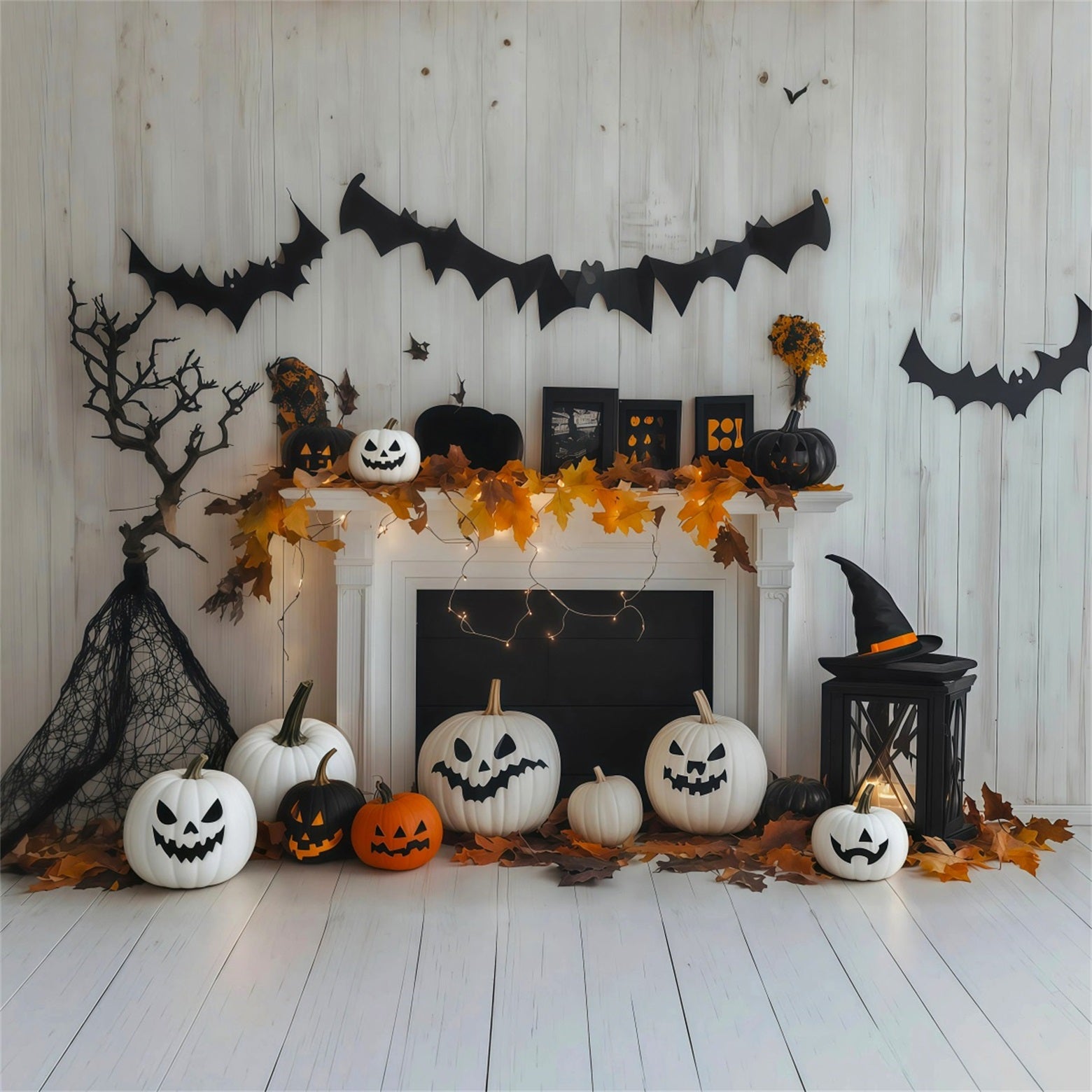 White Pumpkin Backdrop Fireplace Mantel Bat Decor Custom Halloween Backdrop RR67-179