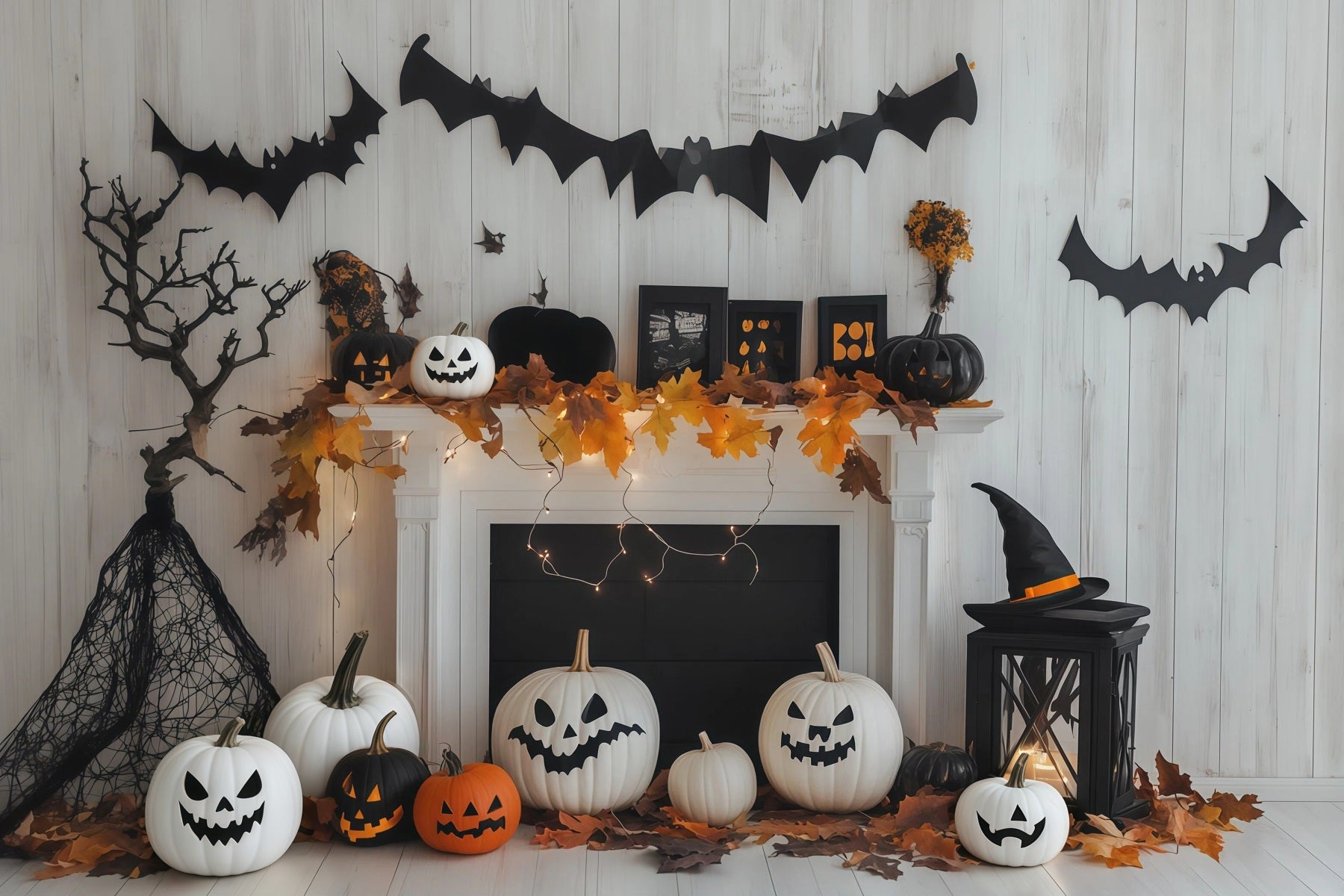 White Pumpkin Backdrop Fireplace Mantel Bat Decor Custom Halloween Backdrop RR67-179