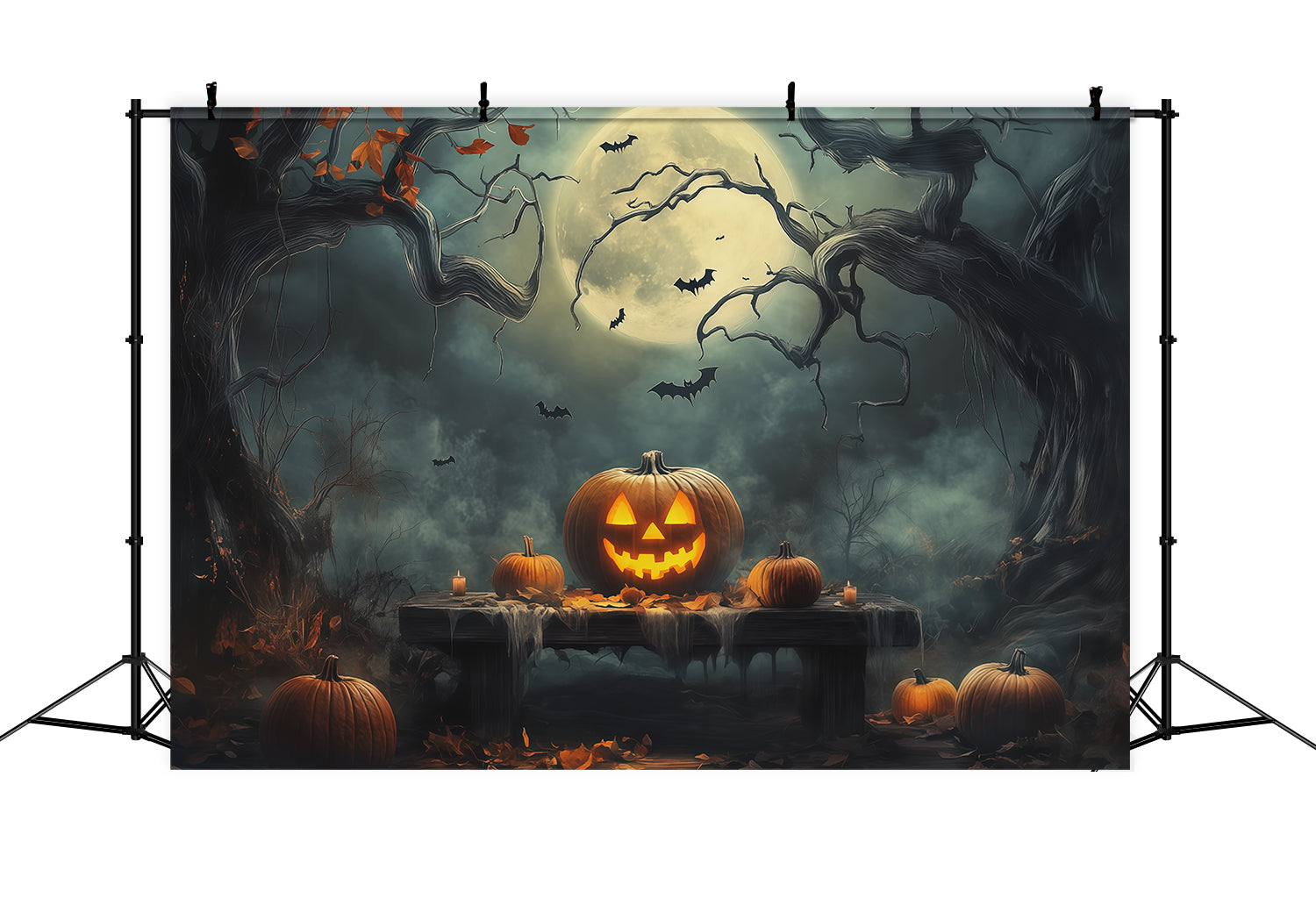 Halloween Backdrop With Pumpkins Moonlit Forest Table Photo Booth Halloween Backdrop Ideas RR67-180