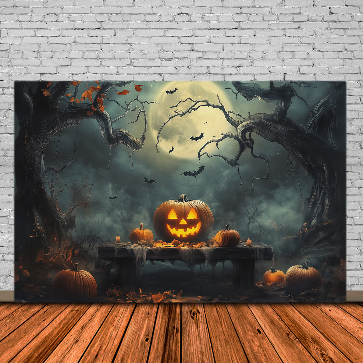 Halloween Backdrop With Pumpkins Moonlit Forest Table Photo Booth Halloween Backdrop Ideas RR67-180