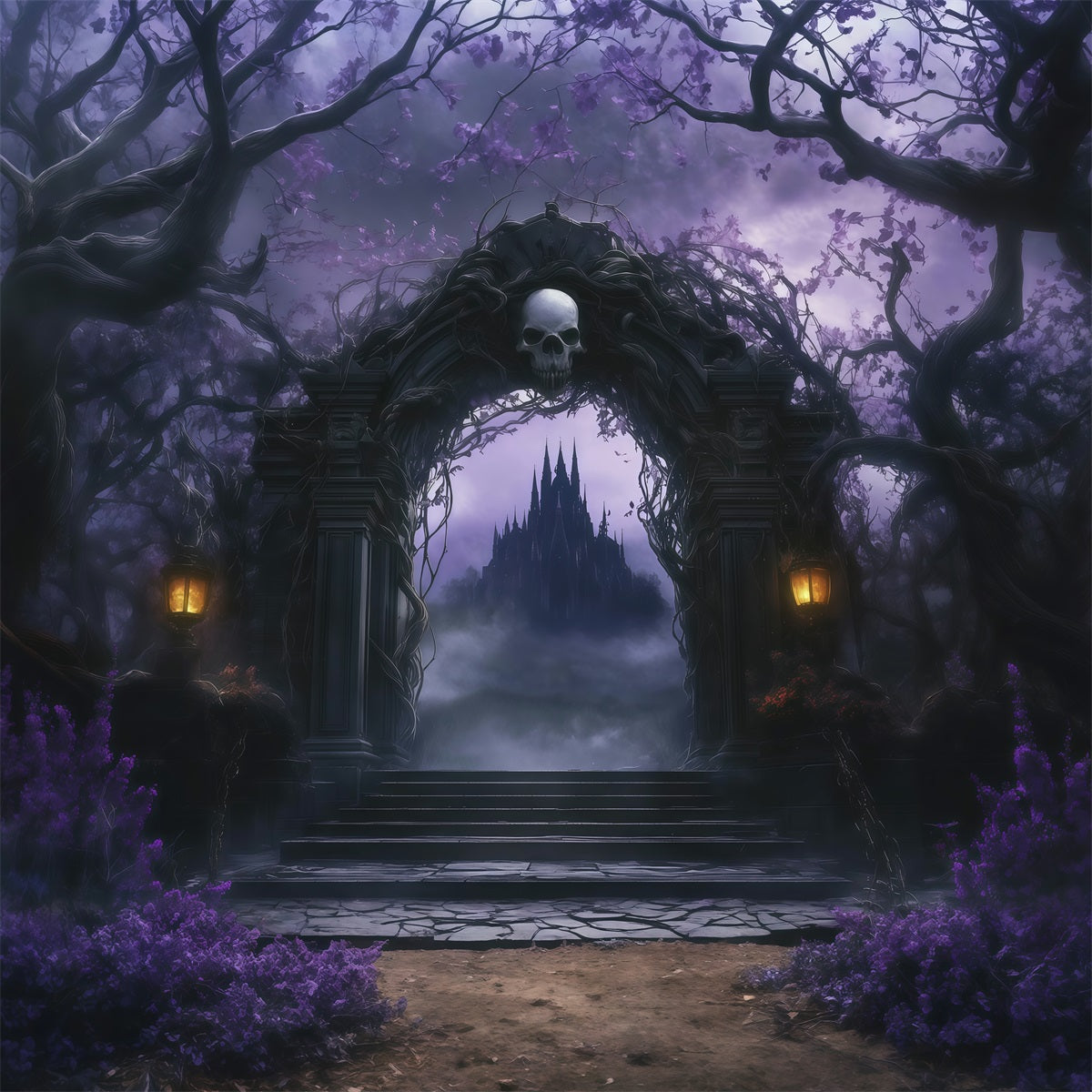 Gothic Castle Backdrop Skull Arch Castle Path Fall Halloween Backdrop RR67-181