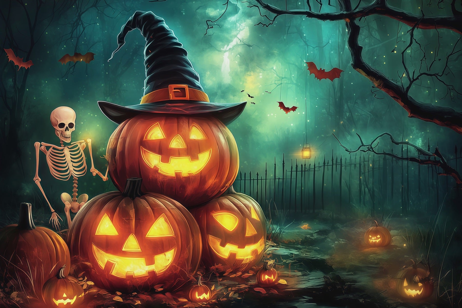 Pumpkin Back Drop Witch Skeleton Forest Backdrop Halloween Photo Booth RR67-183