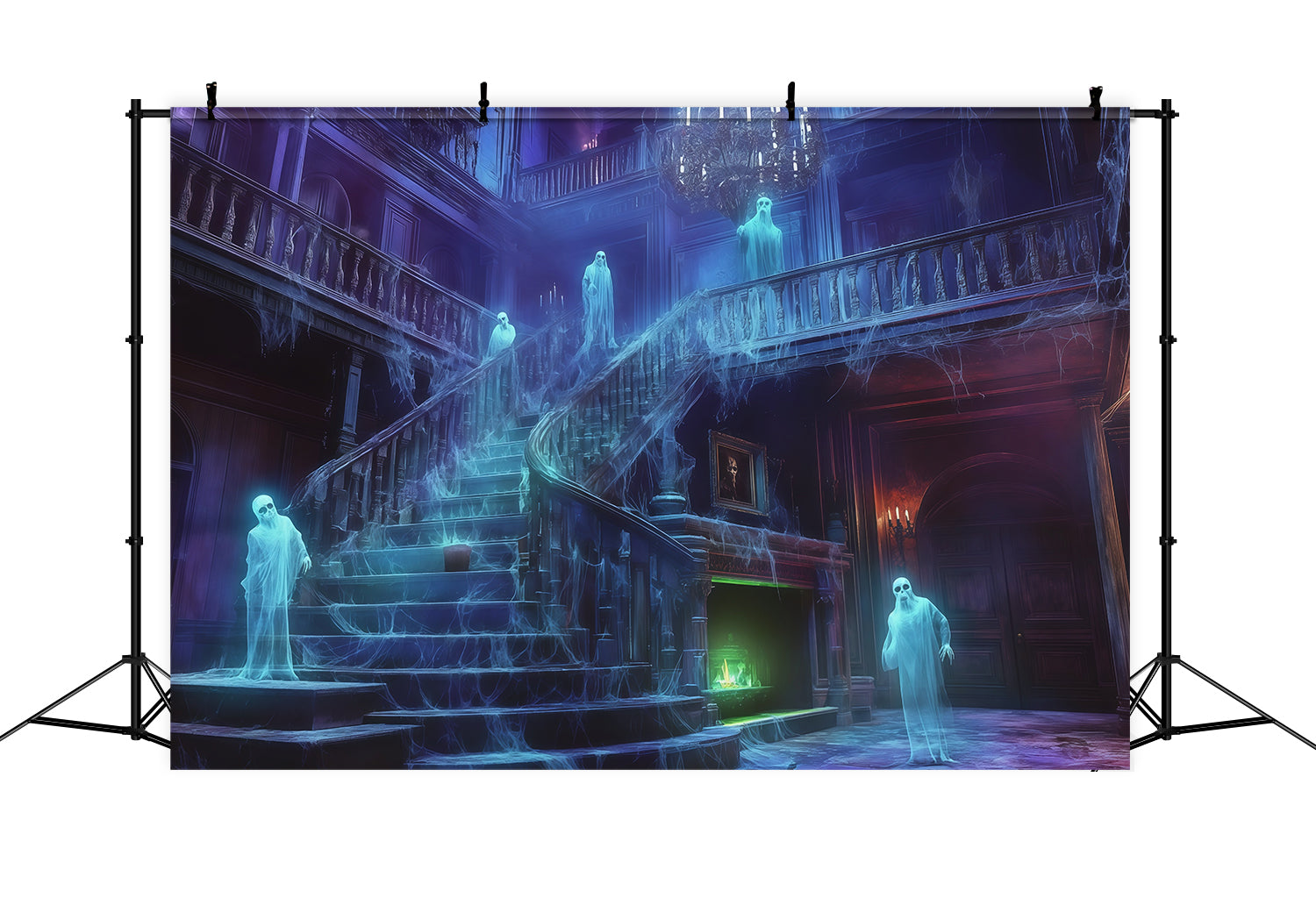 Backdrops Inside Haunted House Ghostly Cobweb Mansion Staircase Halloween Spooky Backdrop RR67-186