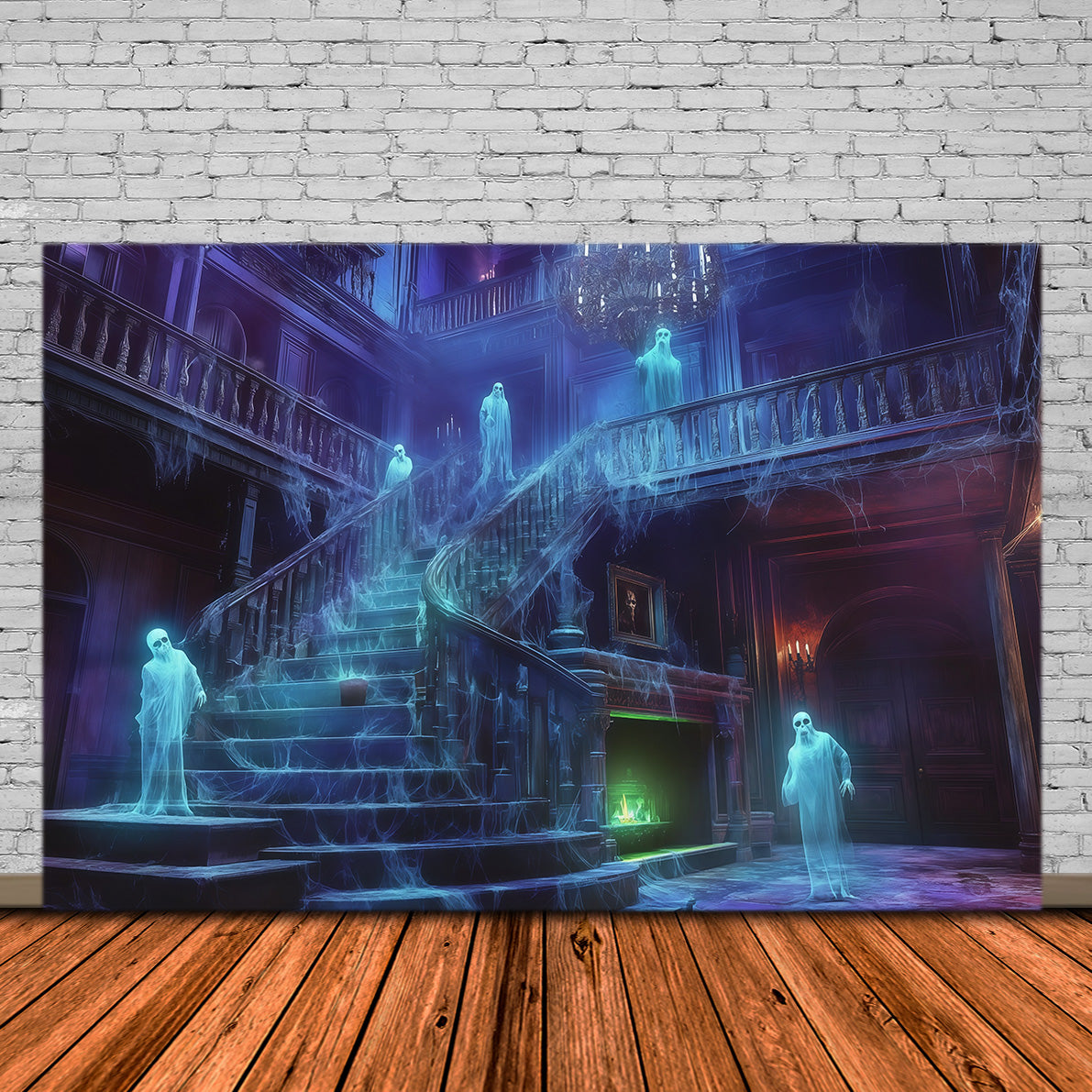 Backdrops Inside Haunted House Ghostly Cobweb Mansion Staircase Halloween Spooky Backdrop RR67-186