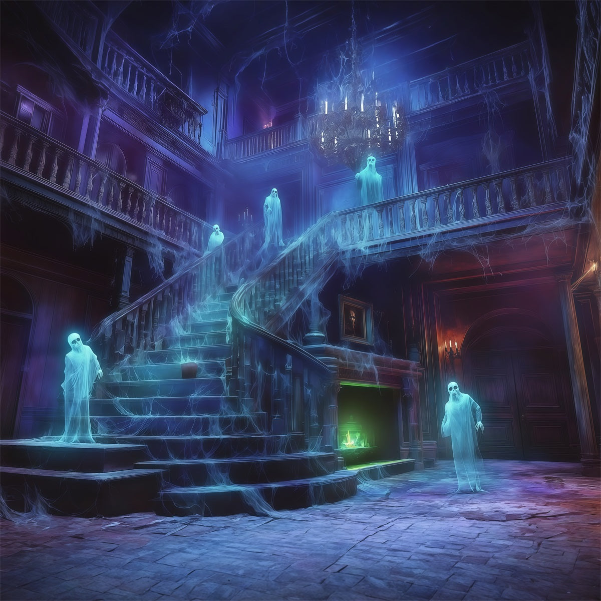 Backdrops Inside Haunted House Ghostly Cobweb Mansion Staircase Halloween Spooky Backdrop RR67-186