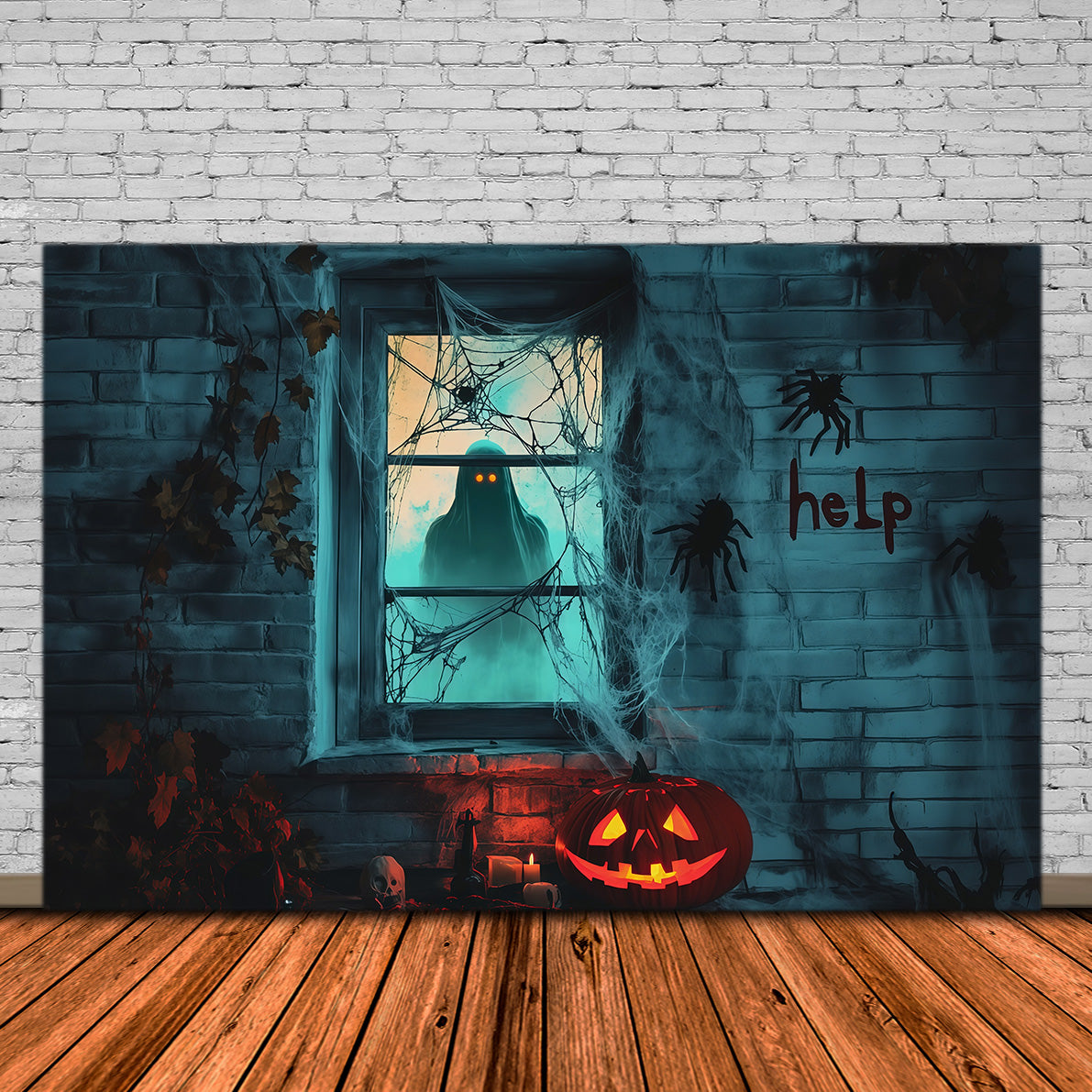 Spooky Girl Window Backdrop Creepy Ghost Webs Halloween Garage Backdrop RR67-188