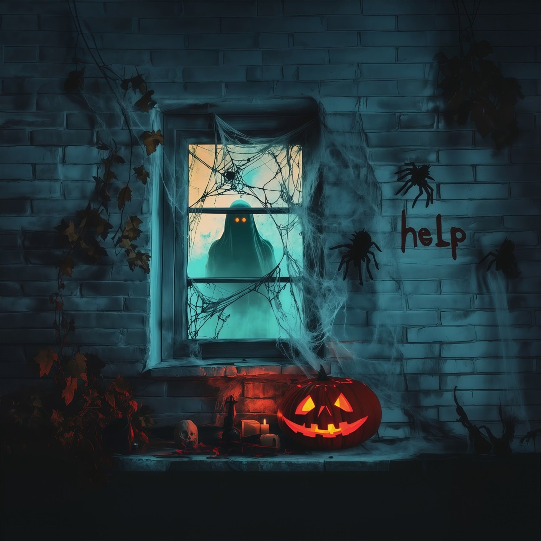 Spooky Girl Window Backdrop Creepy Ghost Webs Halloween Garage Backdrop RR67-188