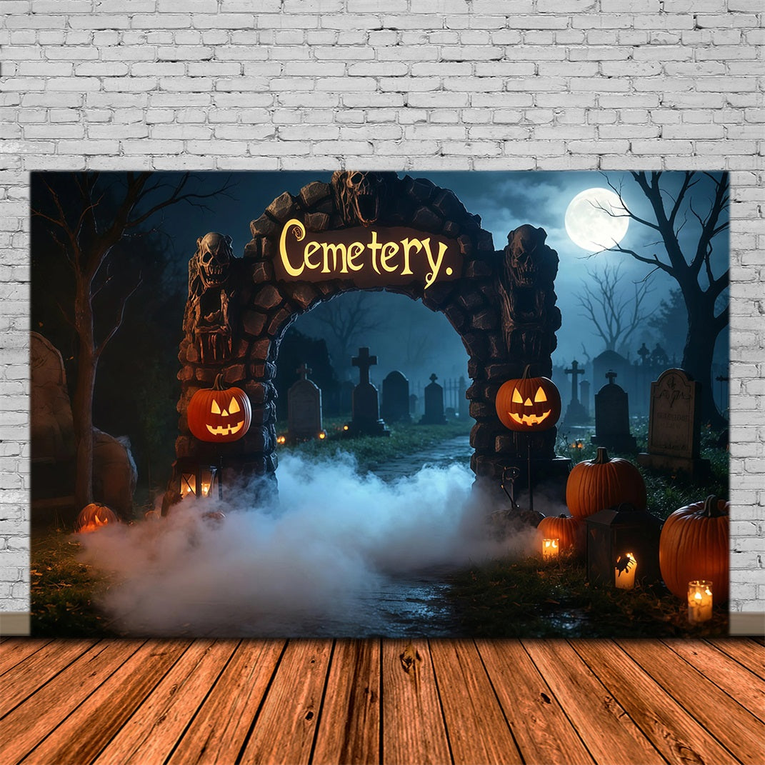 Halloween Cardboard Backdrops Foggy Graveyard Arch Pumpkins Halloween Photography Backdrop RR67-19