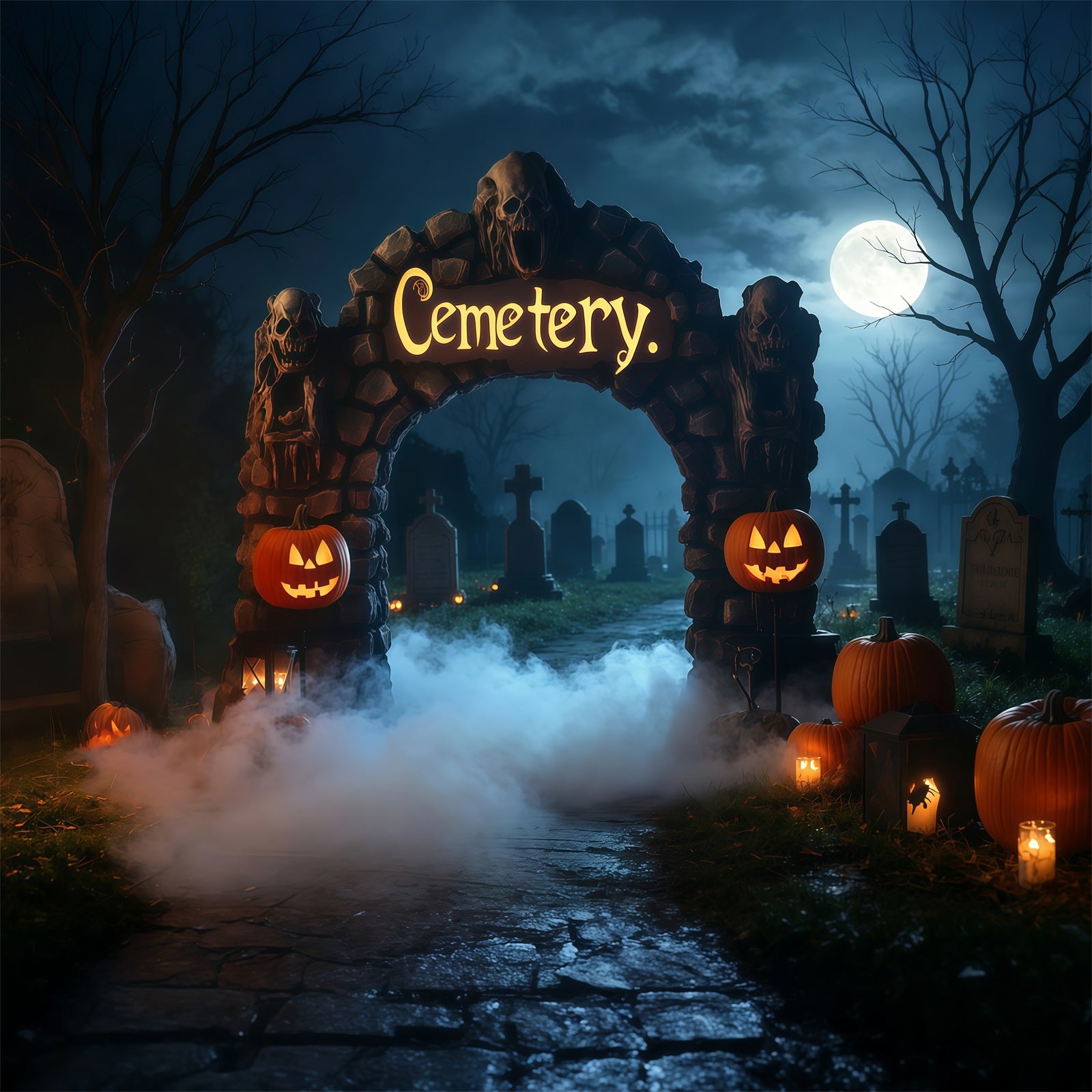 Halloween Cardboard Backdrops Foggy Graveyard Arch Pumpkins Halloween Photography Backdrop RR67-19
