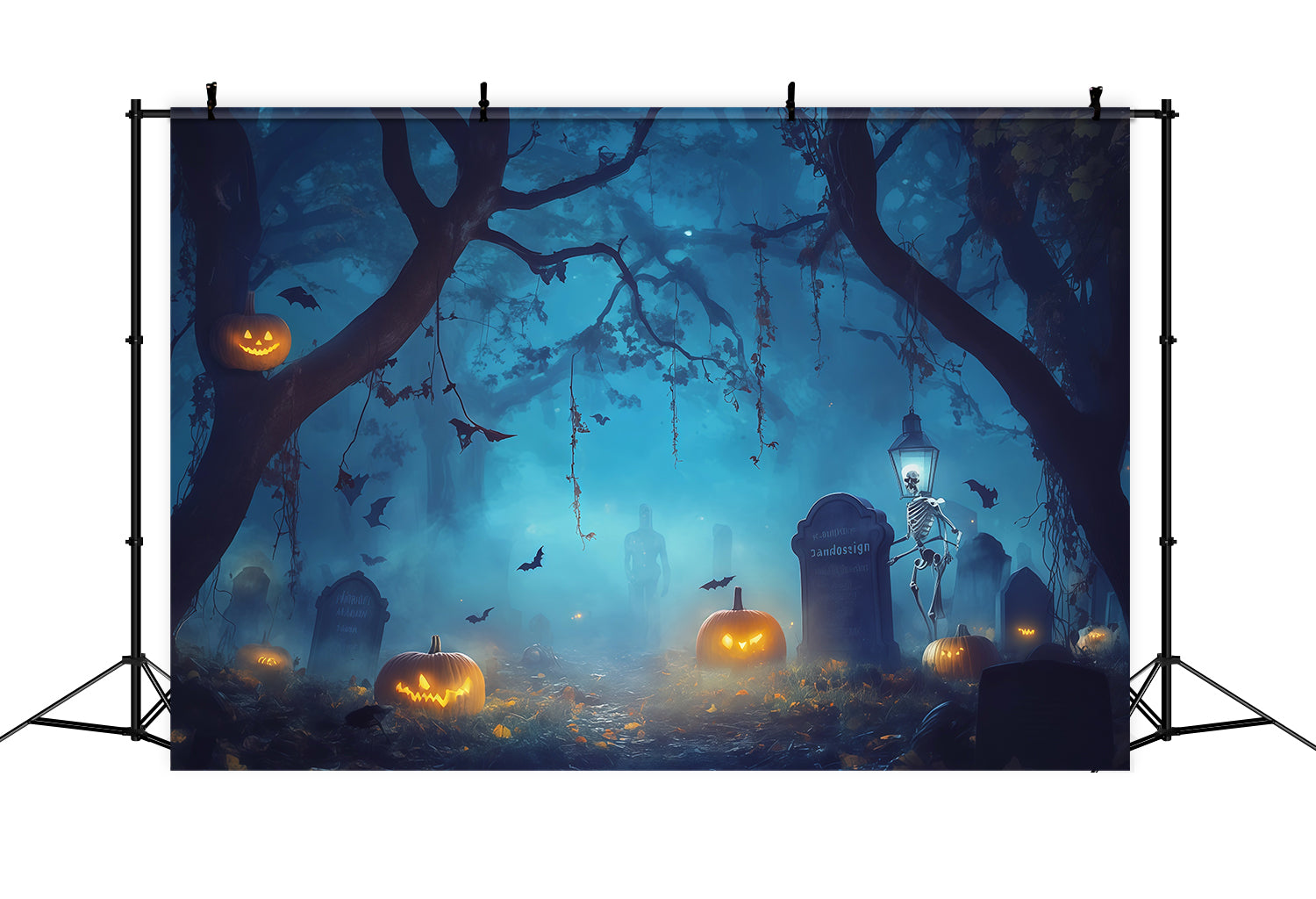 Jackolantern Backdrop Foggy Skeleton Graveyard Scary Halloween Backdrop Ideas RR67-192