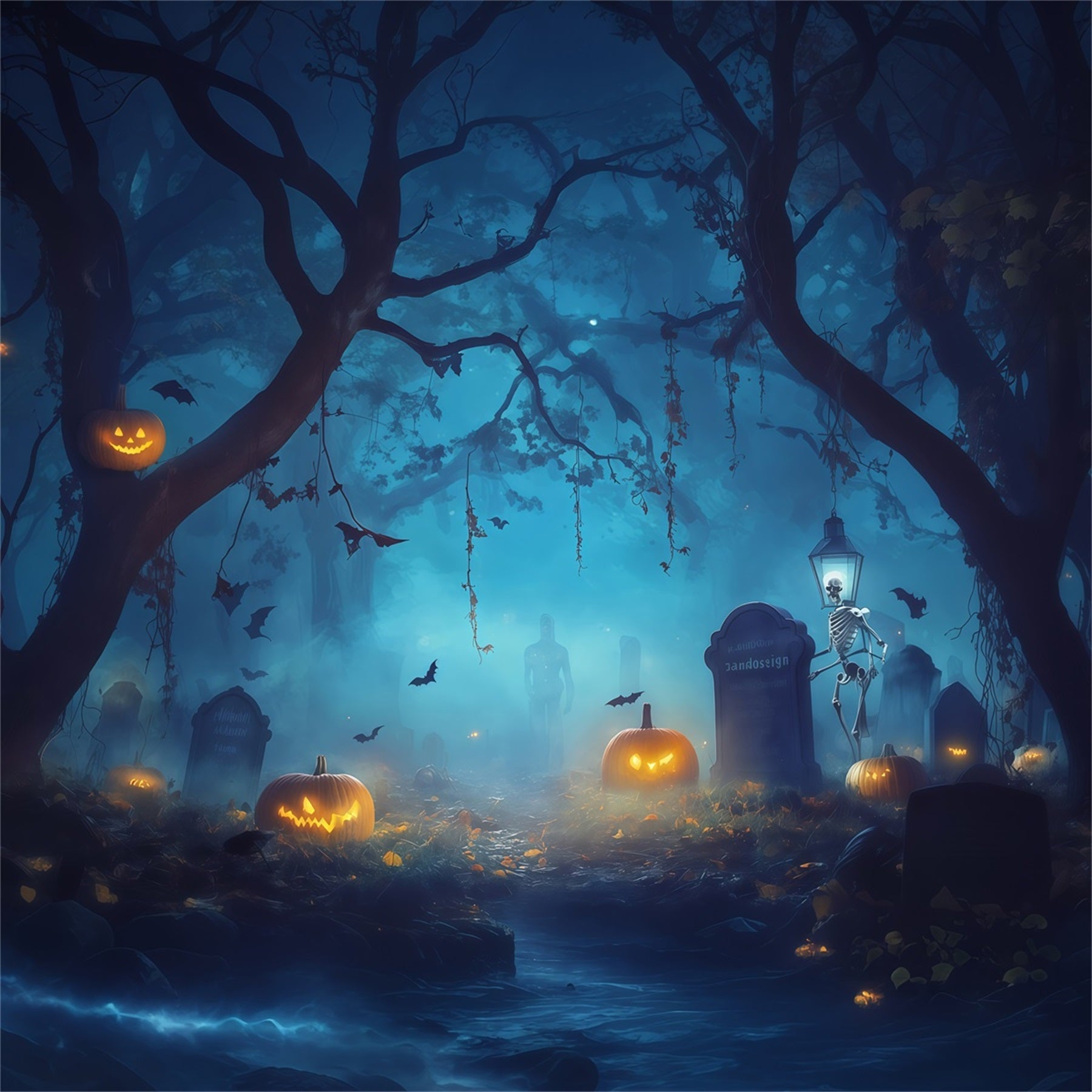 Jackolantern Backdrop Foggy Skeleton Graveyard Scary Halloween Backdrop Ideas RR67-192