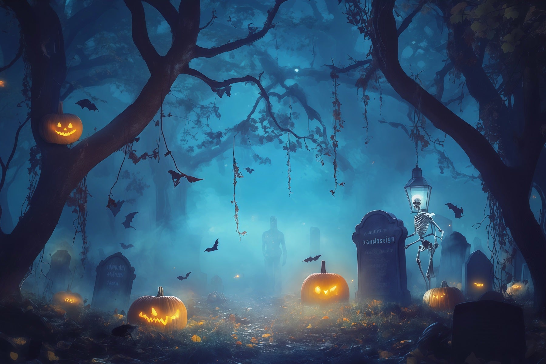 Jackolantern Backdrop Foggy Skeleton Graveyard Scary Halloween Backdrop Ideas RR67-192