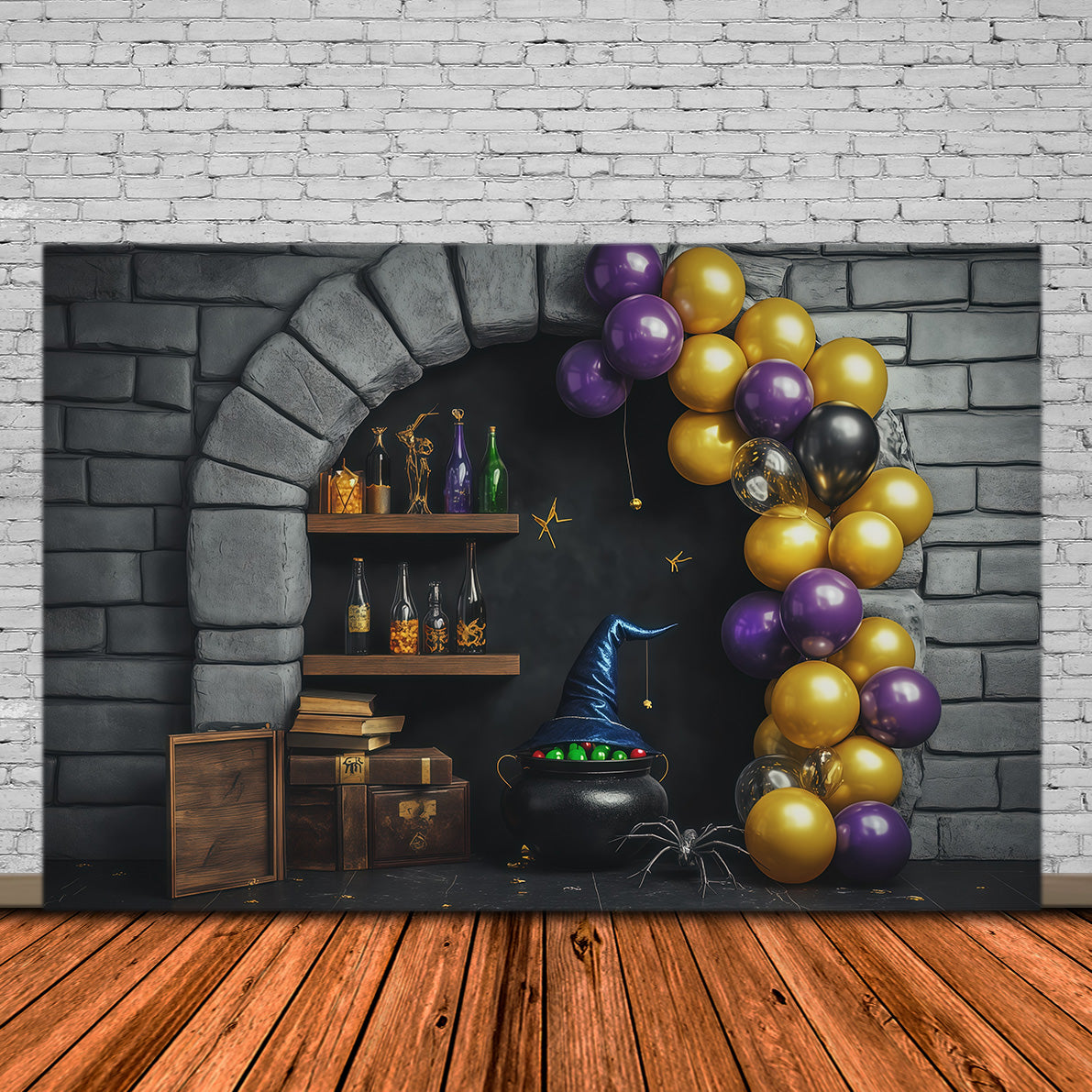 Stone Wall Backdrop Halloween Witch Potion Balloon Alcove Wizard Backdrop RR67-193