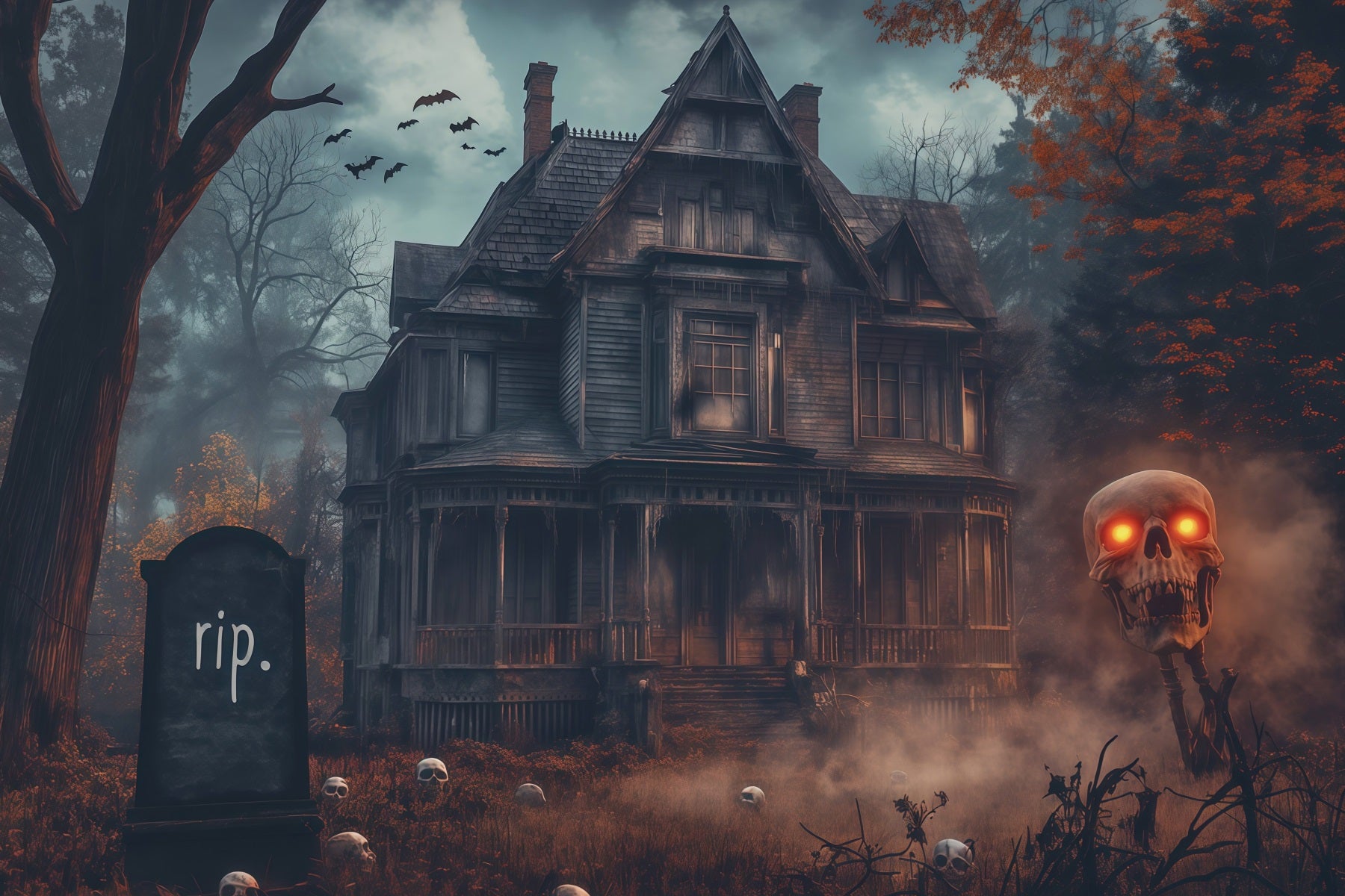 Haunted House Back Drop Foggy Skull Haunted Manor Halloween Backdrop Photo Booth RR67-196