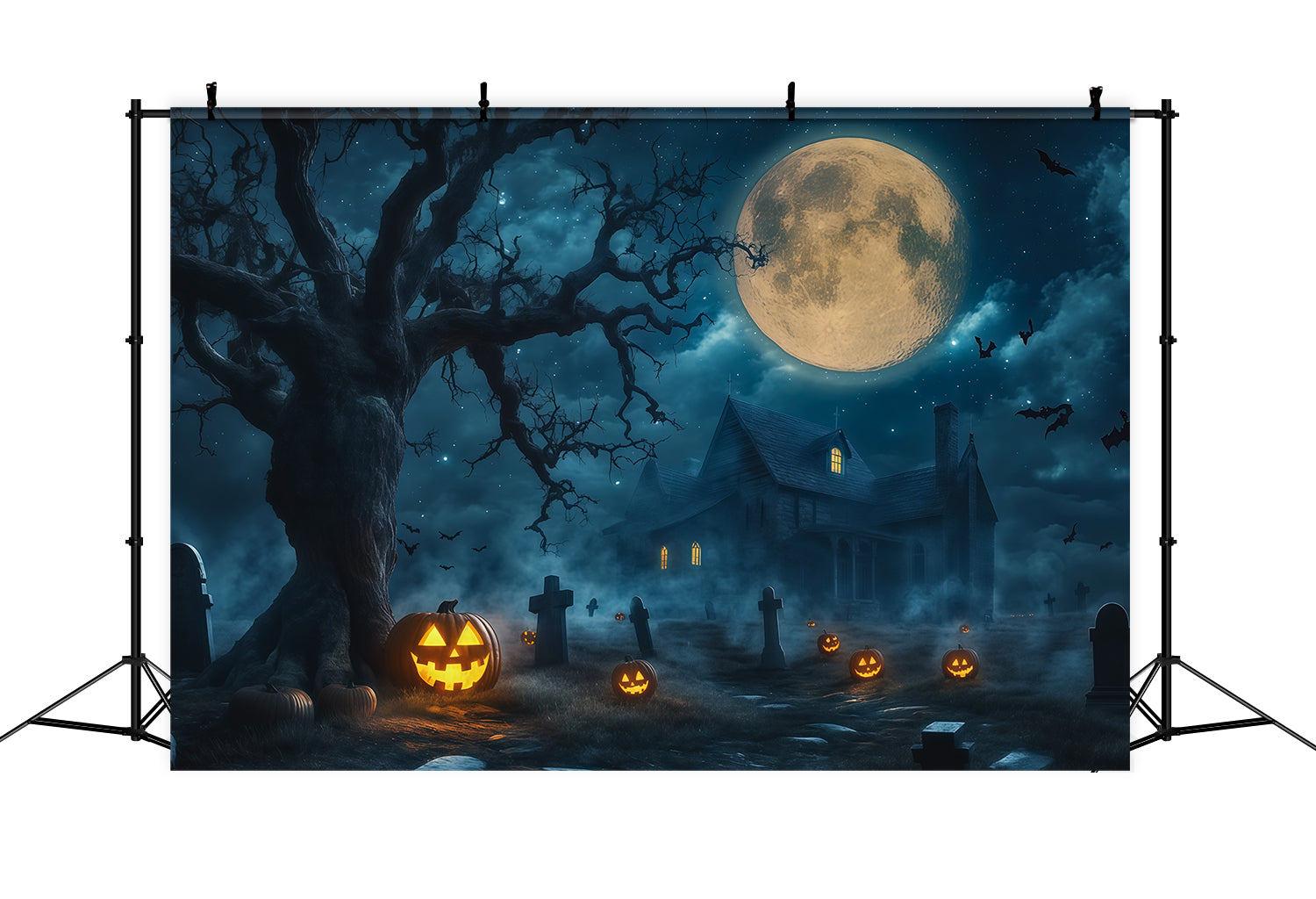 Haunted House Backdrop Banner Moonlit Pumpkin Graveyard Manor Halloween Stage Backdrop RR67-197