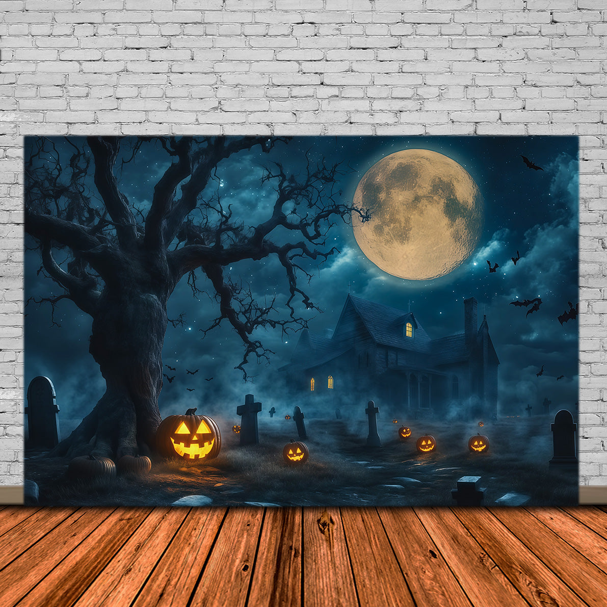 Haunted House Backdrop Banner Moonlit Pumpkin Graveyard Manor Halloween Stage Backdrop RR67-197