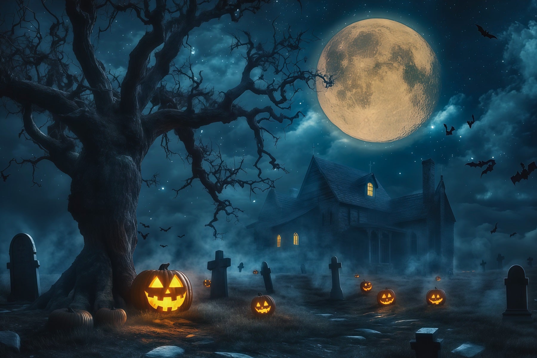 Haunted House Backdrop Banner Moonlit Pumpkin Graveyard Manor Halloween Stage Backdrop RR67-197