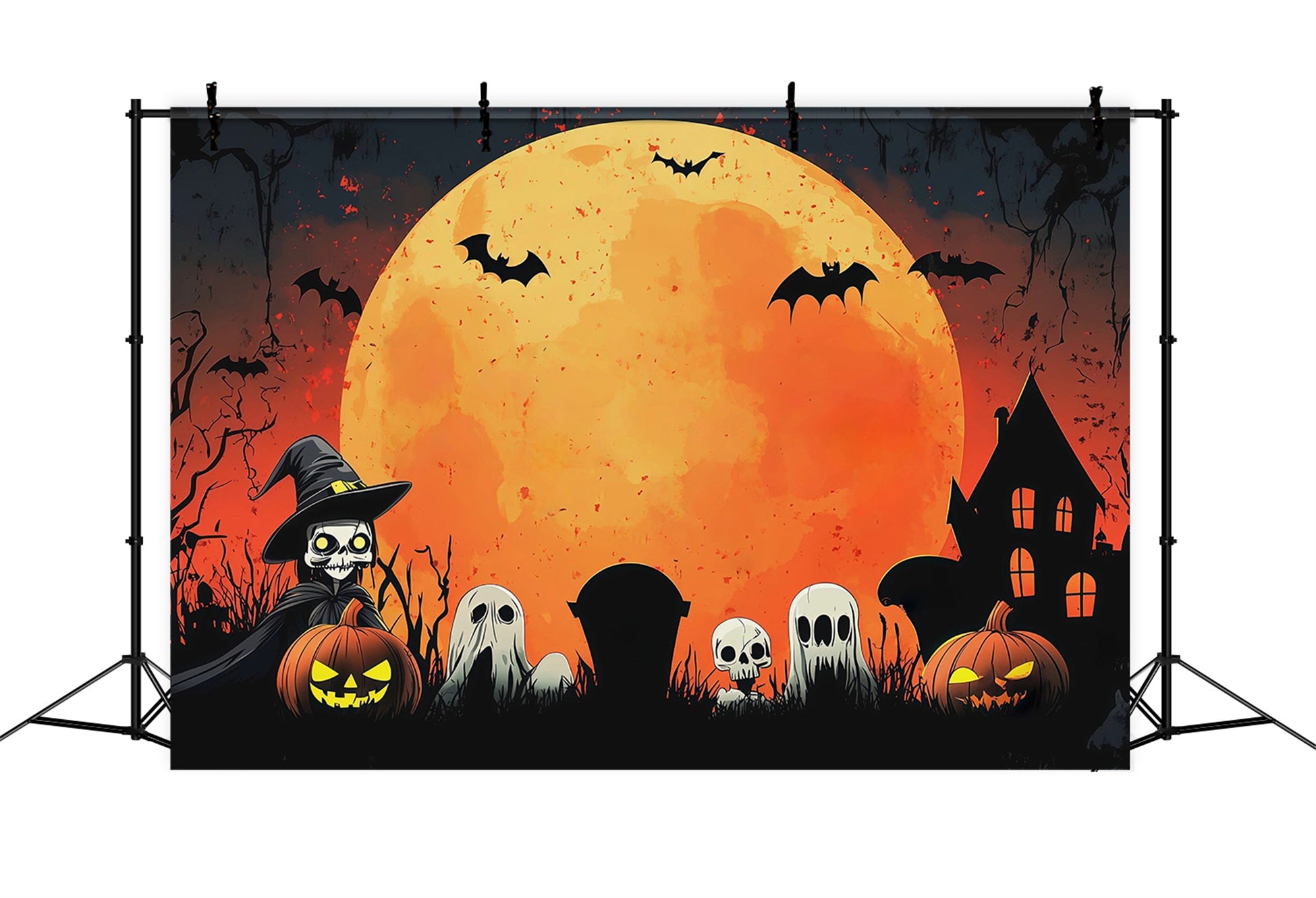 Backdrop Halloween Photo Booth Orange Moon Ghost Gathering Halloween Party Photo Backdrop RR67-20