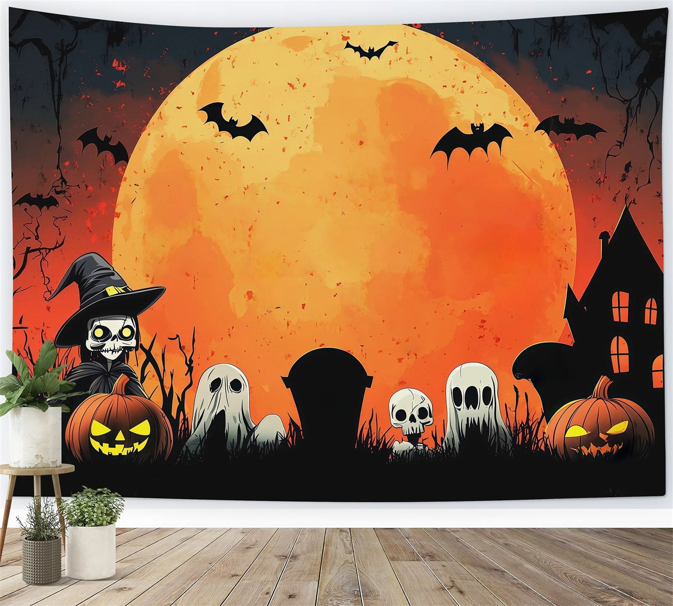 Backdrop Halloween Photo Booth Orange Moon Ghost Gathering Halloween Party Photo Backdrop RR67-20