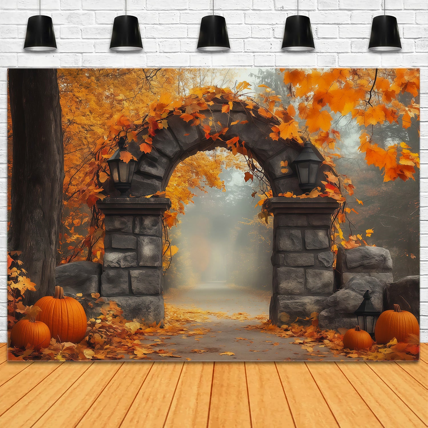 Autumn Backdrop With Pumpkins And Leaves Stone Gateway Photography Backdrops Halloween RR67-200