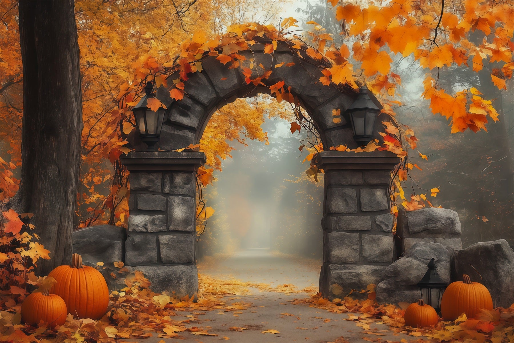 Autumn Backdrop With Pumpkins And Leaves Stone Gateway Photography Backdrops Halloween RR67-200