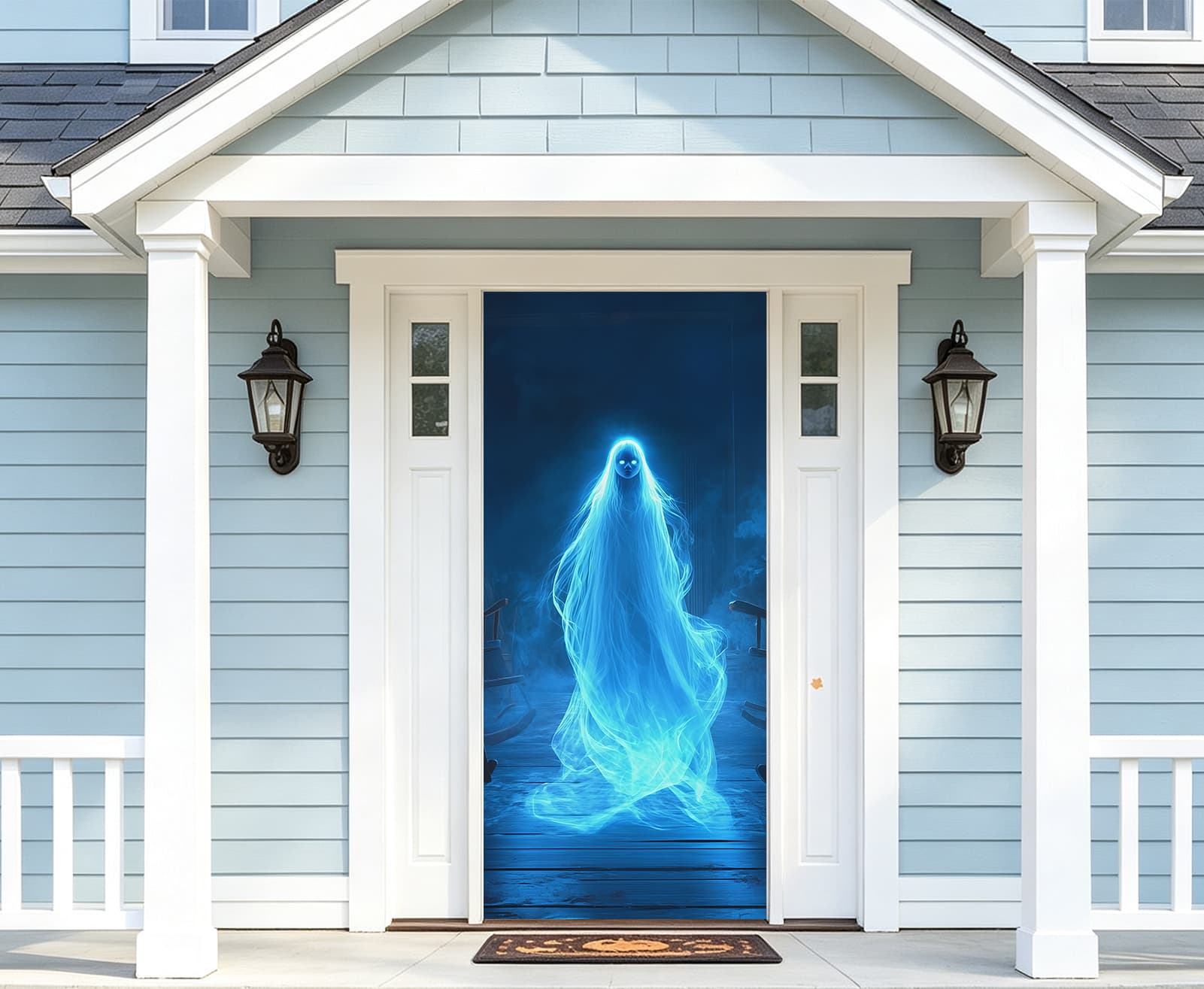 Bloody Handprint Door Glowing Blue Ghost Doorway Halloween Front Door Poster RR67-201
