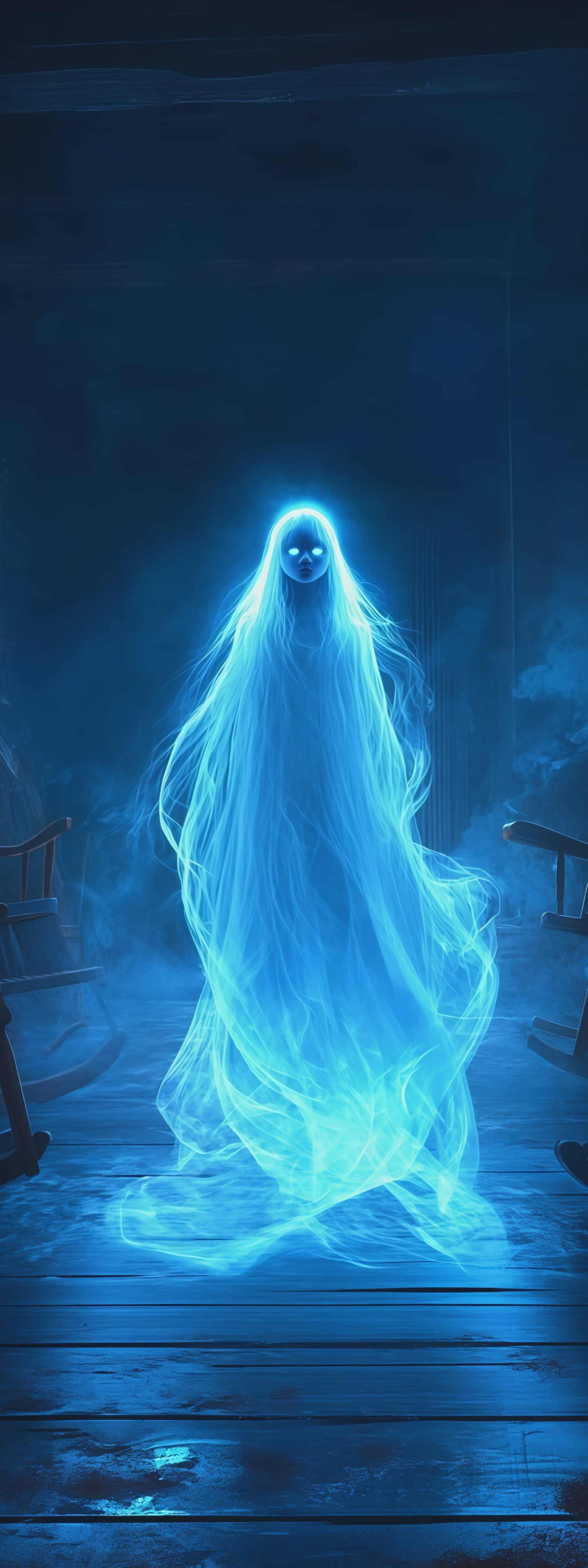 Bloody Handprint Door Glowing Blue Ghost Doorway Halloween Front Door Poster RR67-201