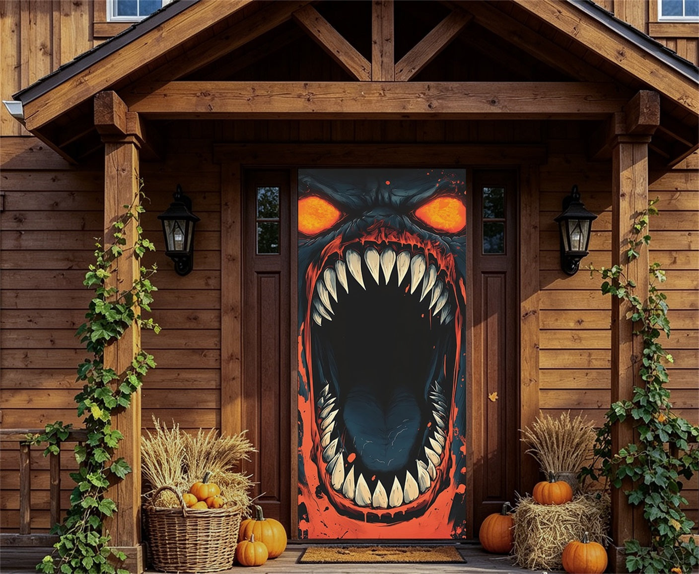 Demon Face Door Infernal Fanged Horror Closeup Halloween Front Door Tapestry RR67-203