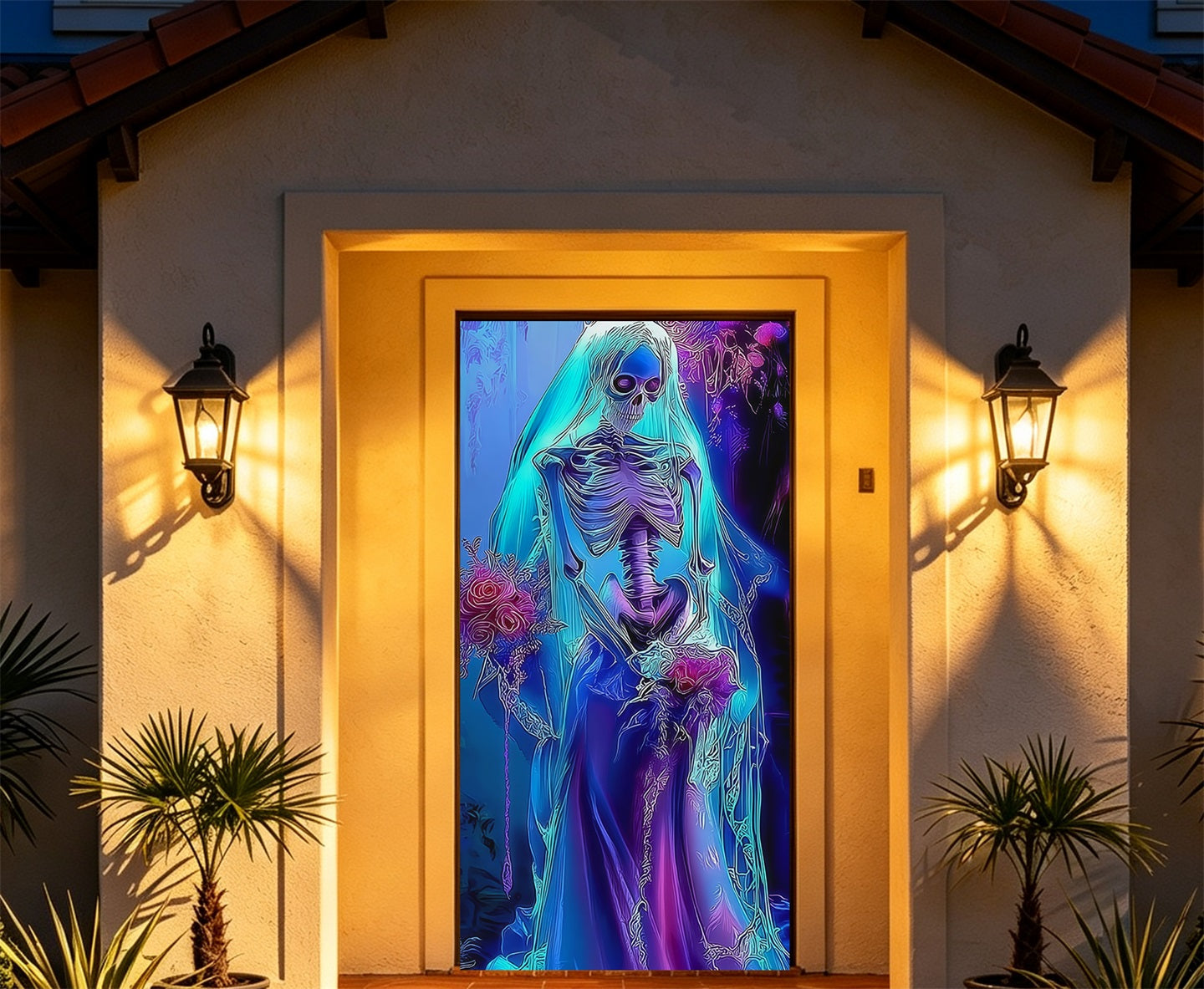 Ghost Bride Door Neon Skeleton Roses Halloween Bedroom Door Decoration RR67-205