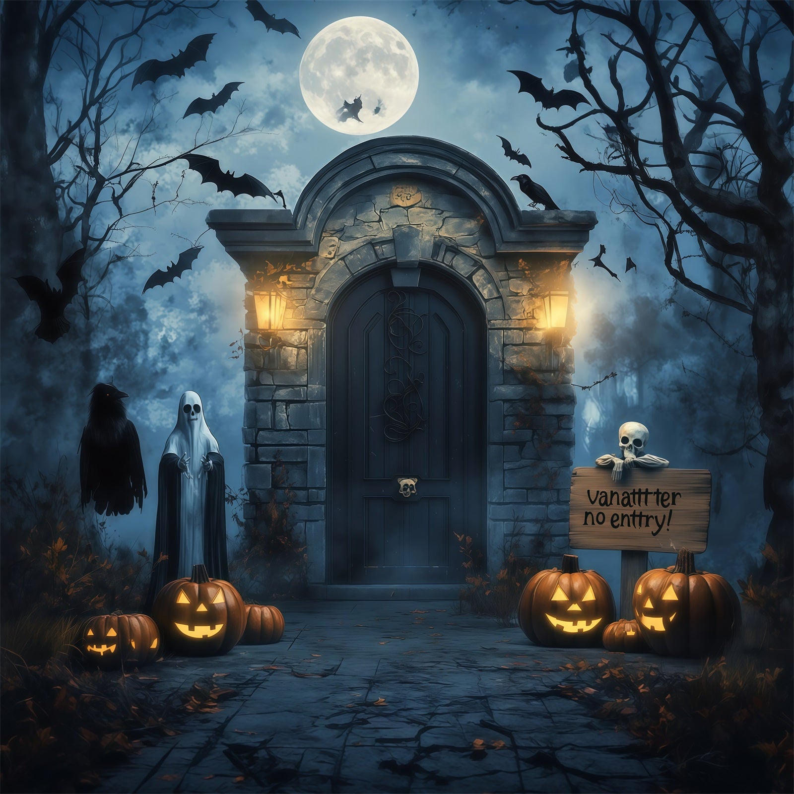 Halloween Backdrop Outdoor Haunted Door Ghost Pumpkins Photo Backdrop Halloween RR67-21