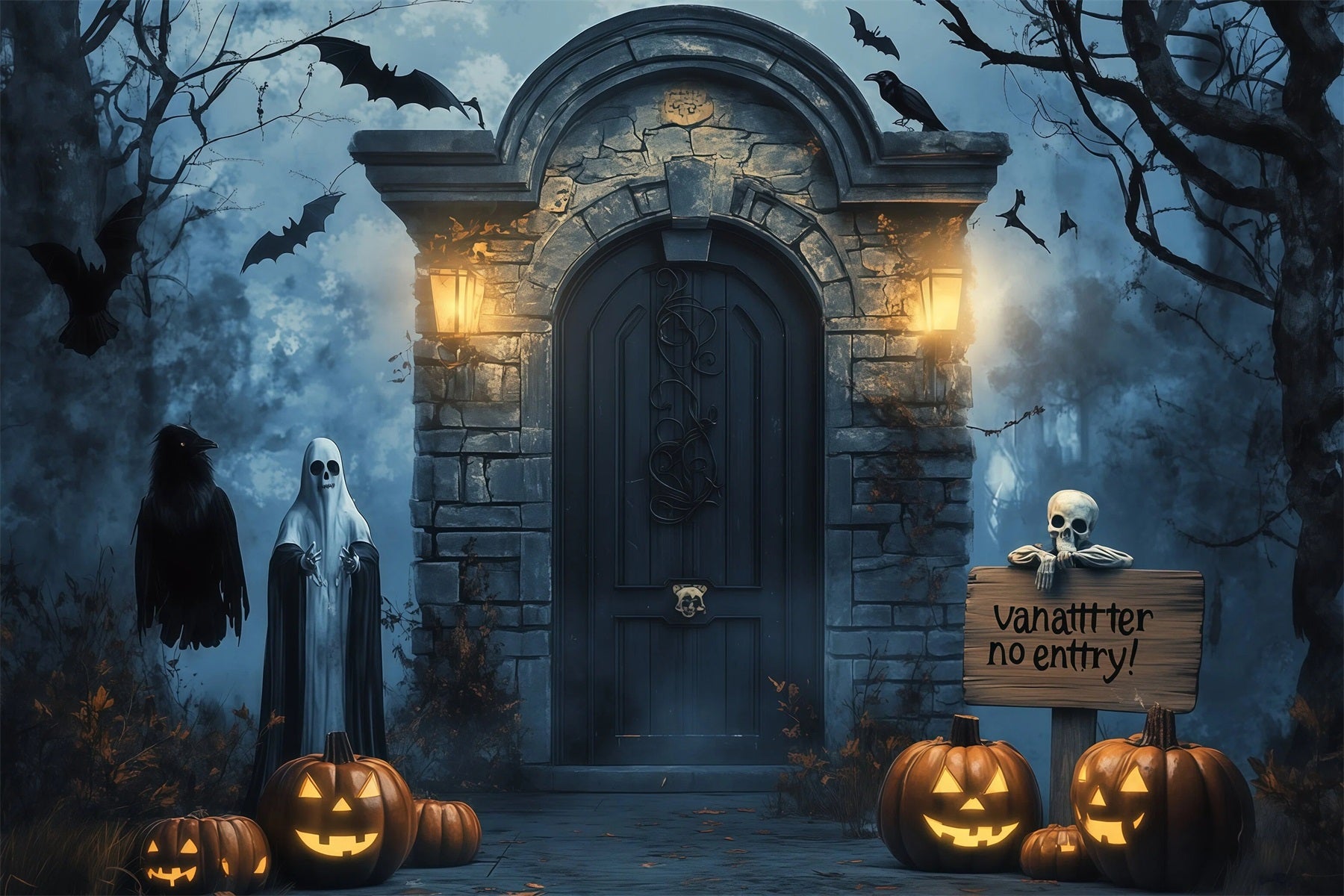 Halloween Backdrop Outdoor Haunted Door Ghost Pumpkins Photo Backdrop Halloween RR67-21