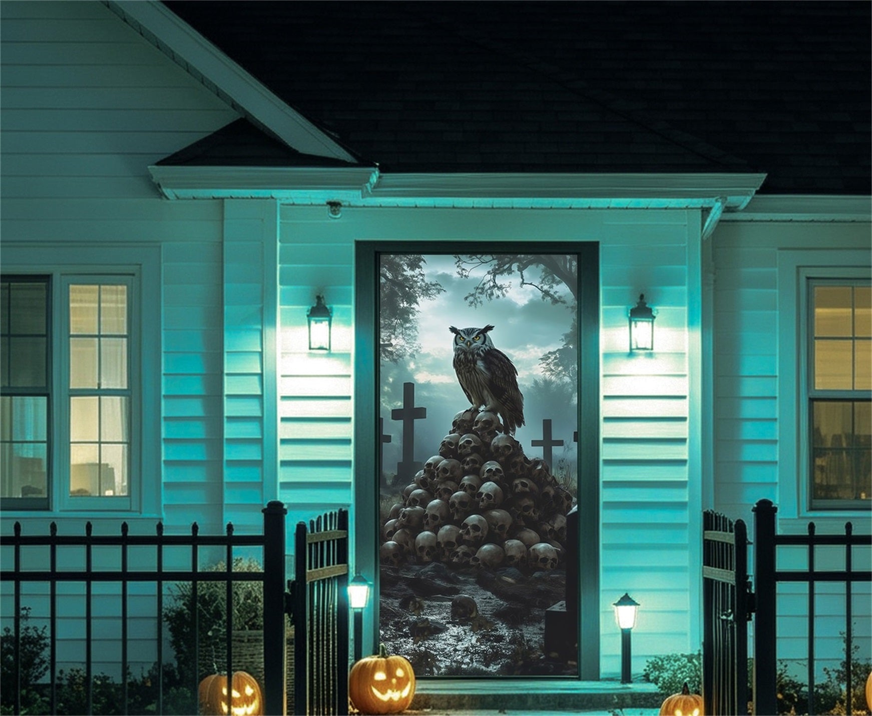 Owl Graveyard Door Cemetery Skull Pile Indoor Halloween Door Banner RR67-211