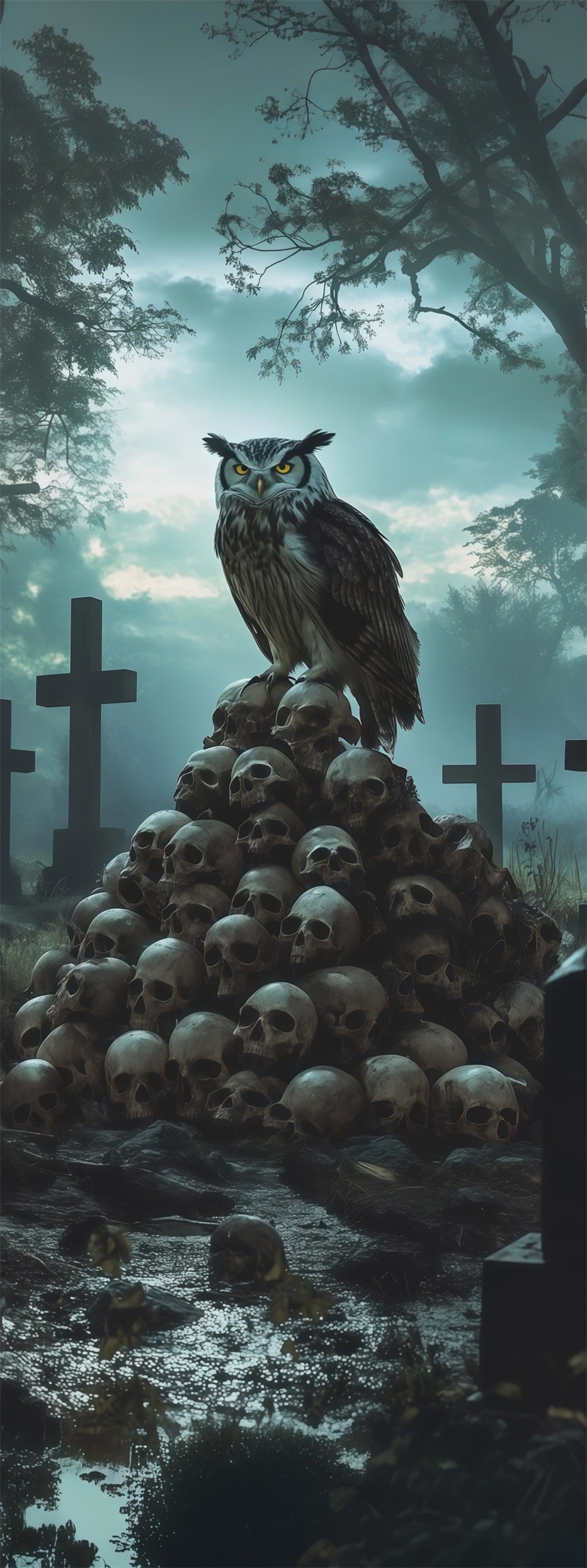 Owl Graveyard Door Cemetery Skull Pile Indoor Halloween Door Banner RR67-211