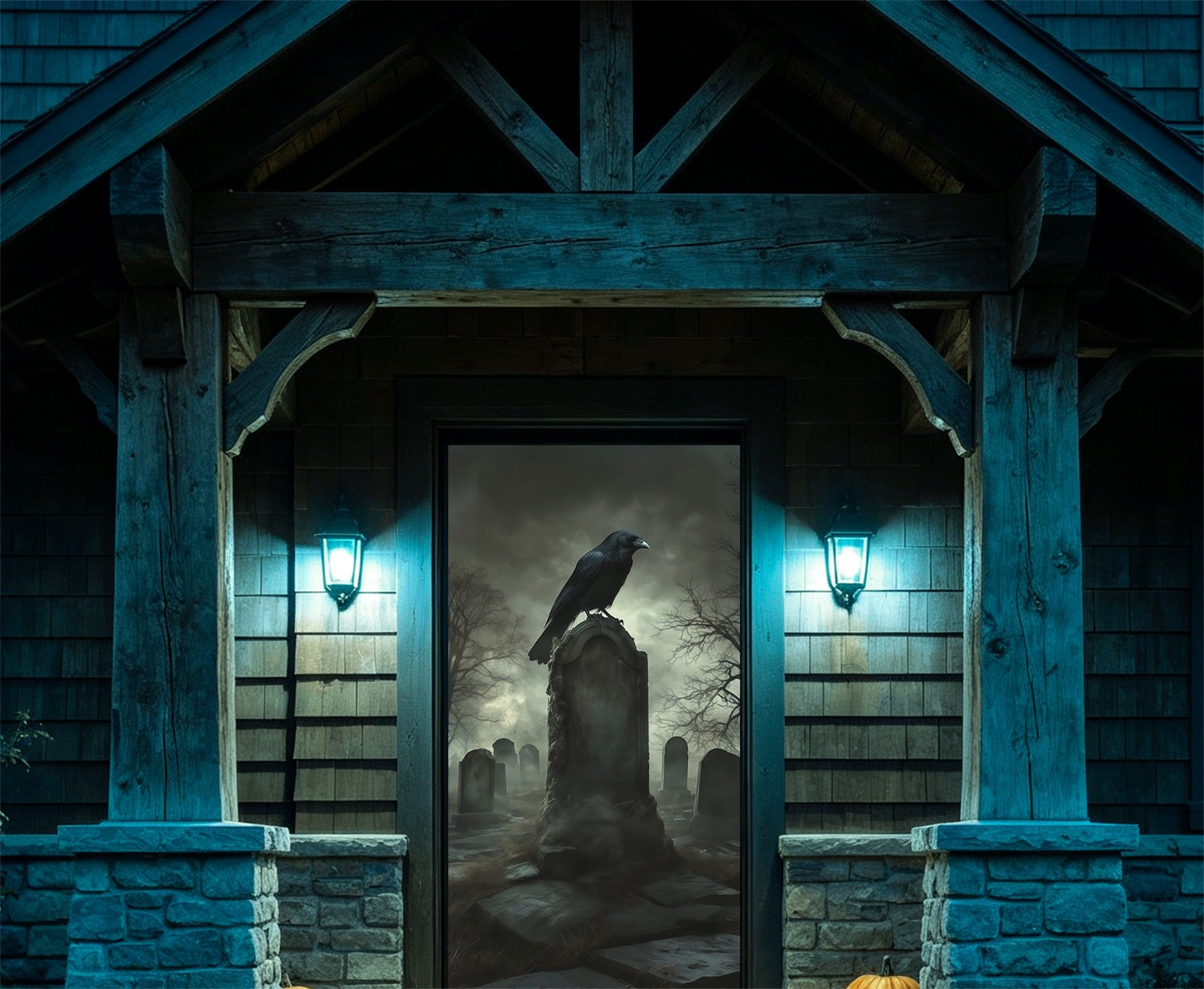 Crow Cemetery Door Foggy Tombstone Raven Watch Large Halloween Door Cover RR67-212