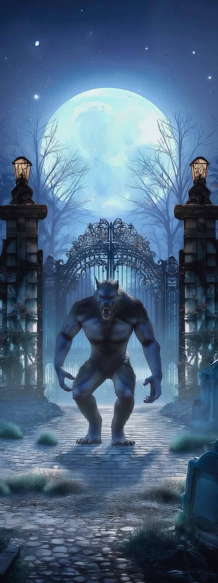 Werewolf Forest Door Moonlit Cemetery Gate Full Size Halloween Door Cover RR67-213