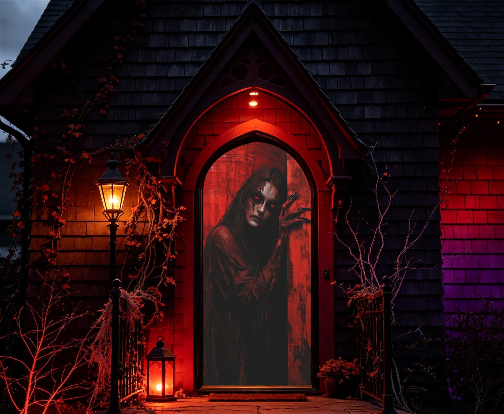 Vampire Coffin Door Crimson Demon Doorway Stare Spooky Halloween Door Banner RR67-214