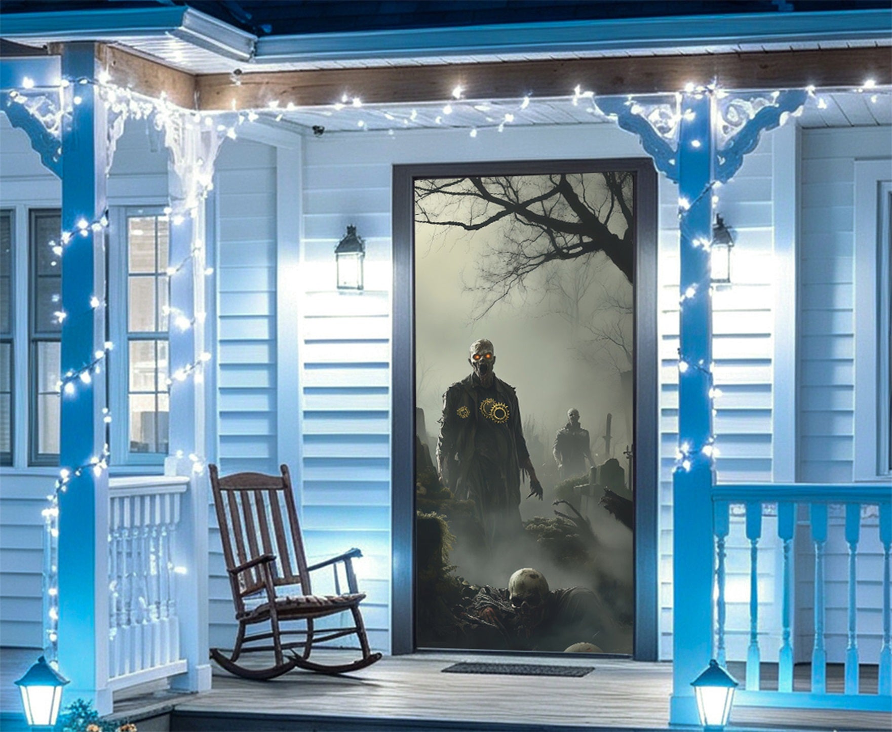 Zombie Graveyard Door Foggy Cemetery Tombstone Scary Halloween Door Cover RR67-215