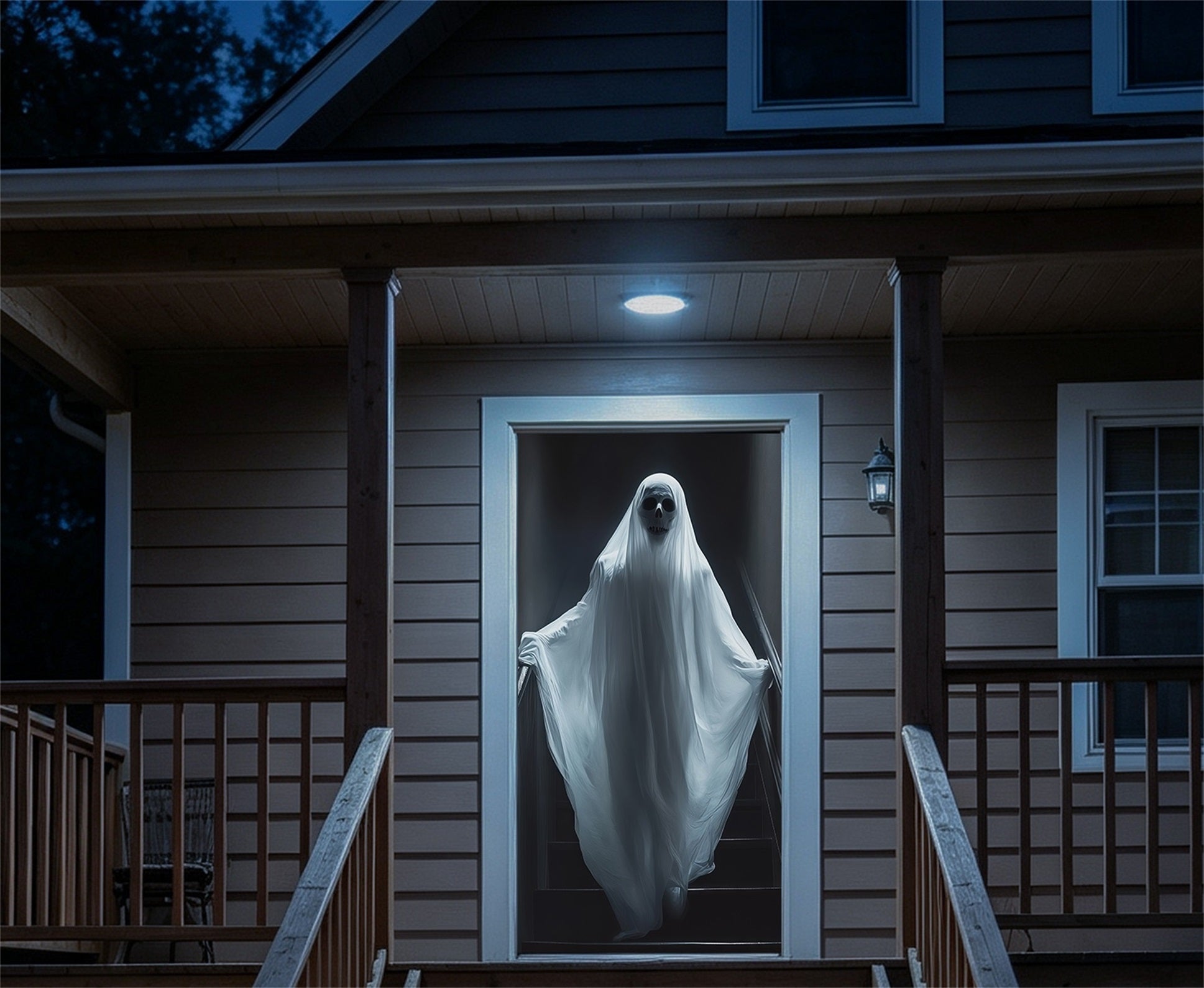 Haunted Mirror Door Phantom Staircase Shroud Figure Creepy Halloween Door Banner RR67-216