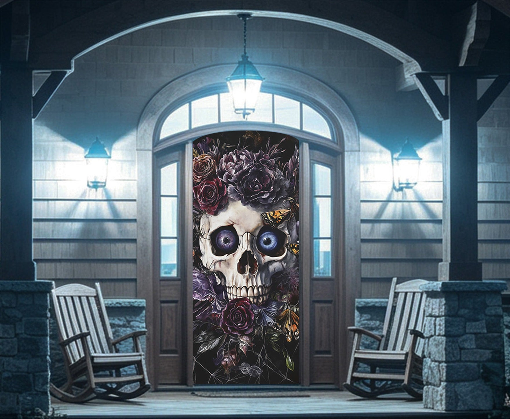Gothic Rose Skull Door Floral Butterfly Portrait Halloween Party Door Banner RR67-218