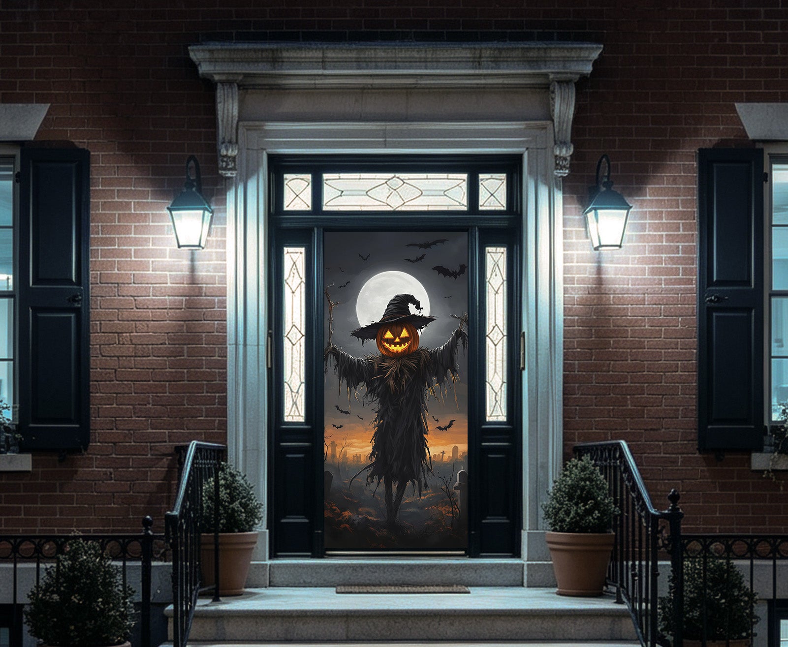 Pumpkin Scarecrow Door Moonlit Graveyard Bat Halloween Home Door Decor RR67-219