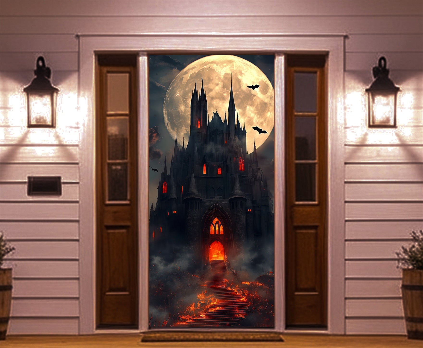 Gothic Castle Door Moonlit Infernal House Halloween Door Banner RR67-221