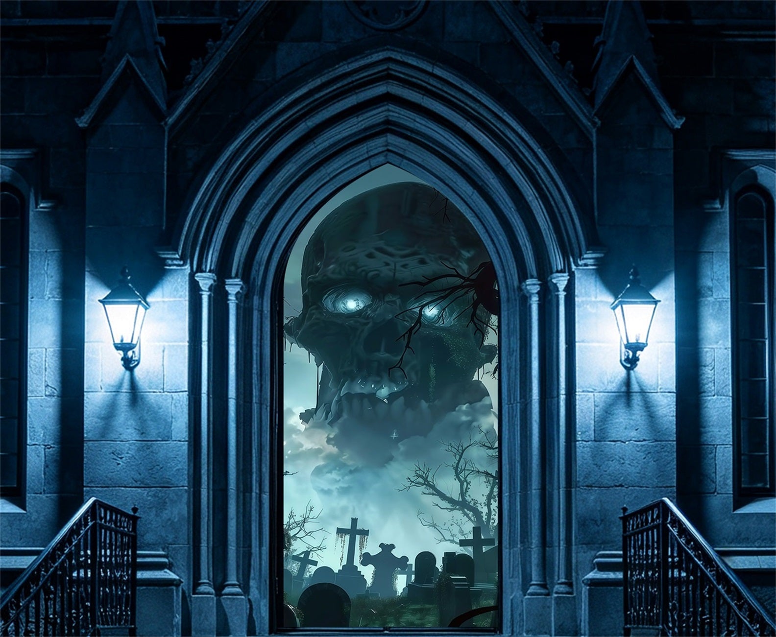 Creepy Graveyard Door Phantom Skull Mist Halloween Door Decoration RR67-222