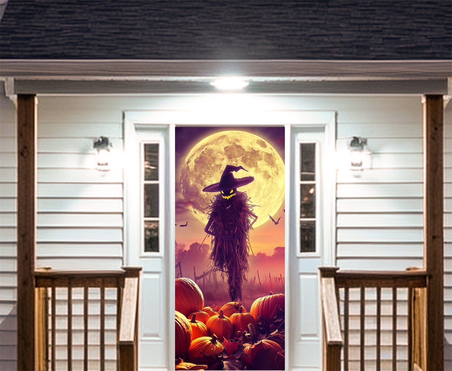 Pumpkin Patch Door Moonlit Scarecrow Field Halloween Door Decor RR67-223