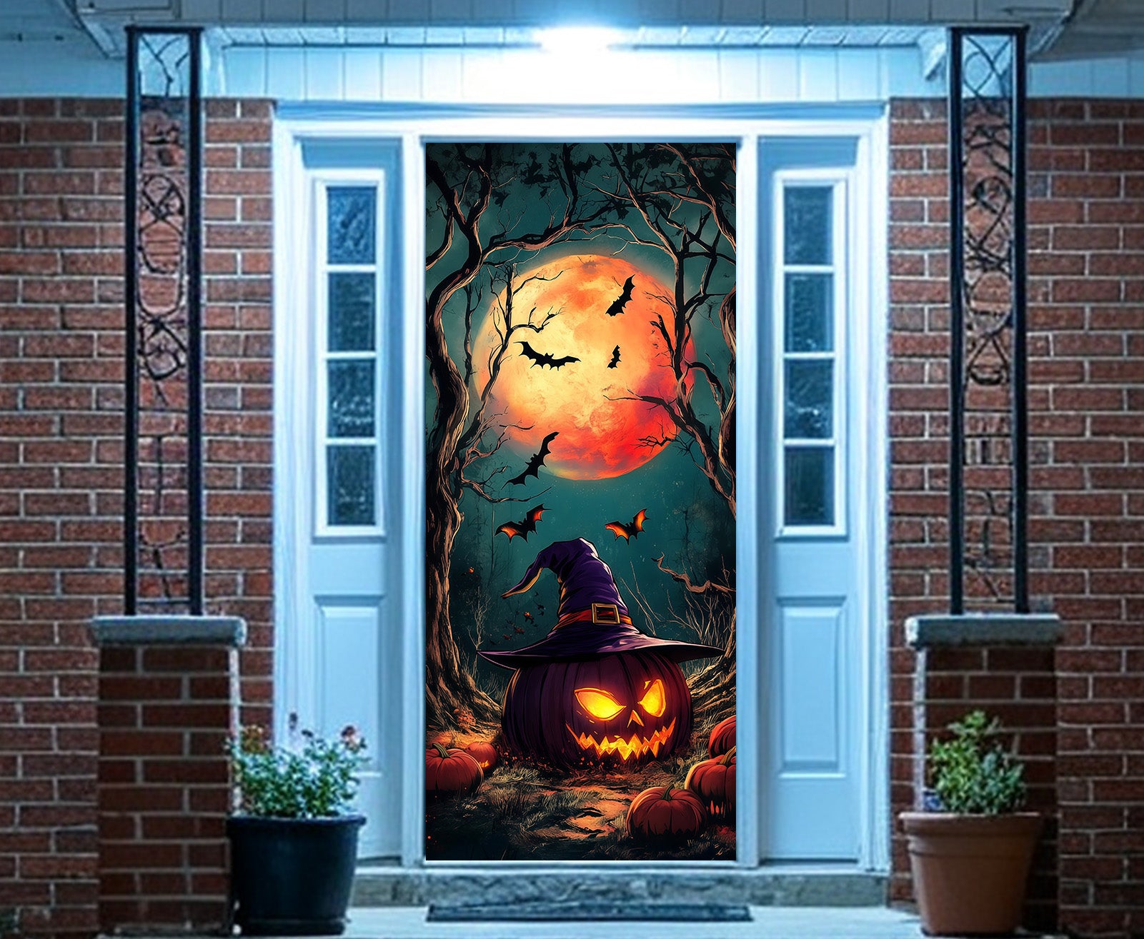 Jack O Lantern Door Witch Hat Pumpkin Moonrise Halloween Door Poster RR67-224