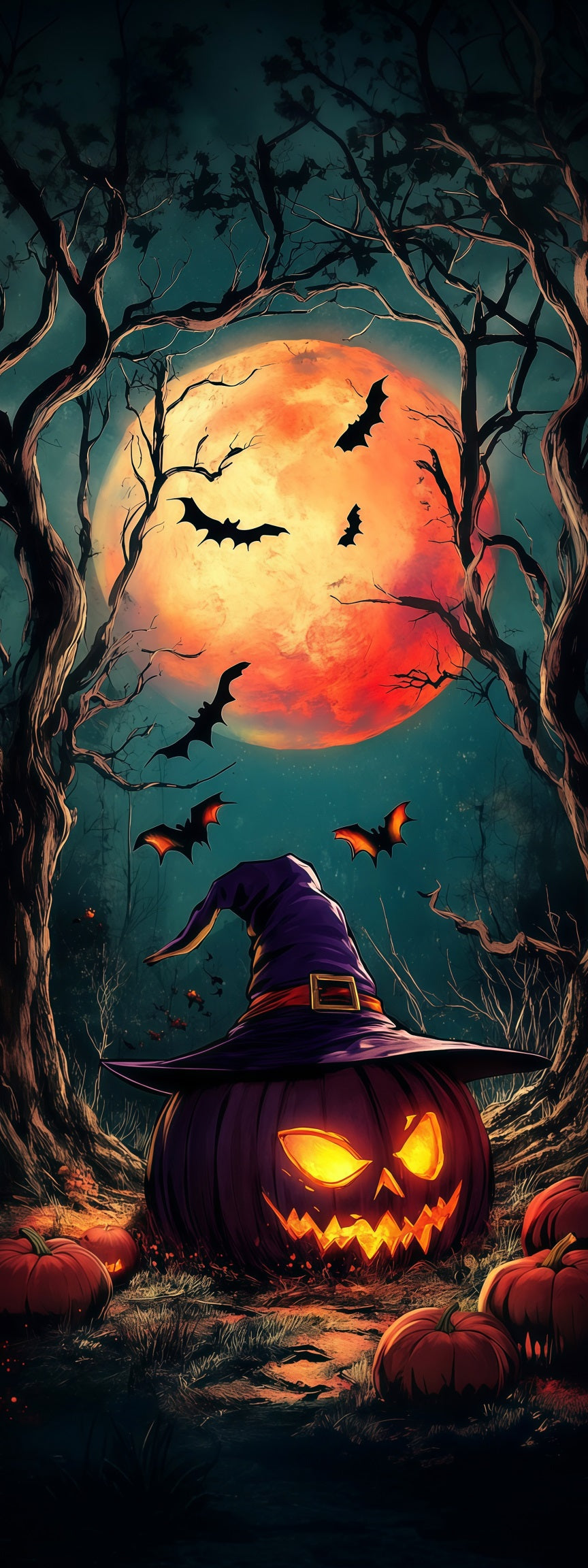 Jack O Lantern Door Witch Hat Pumpkin Moonrise Halloween Door Poster RR67-224