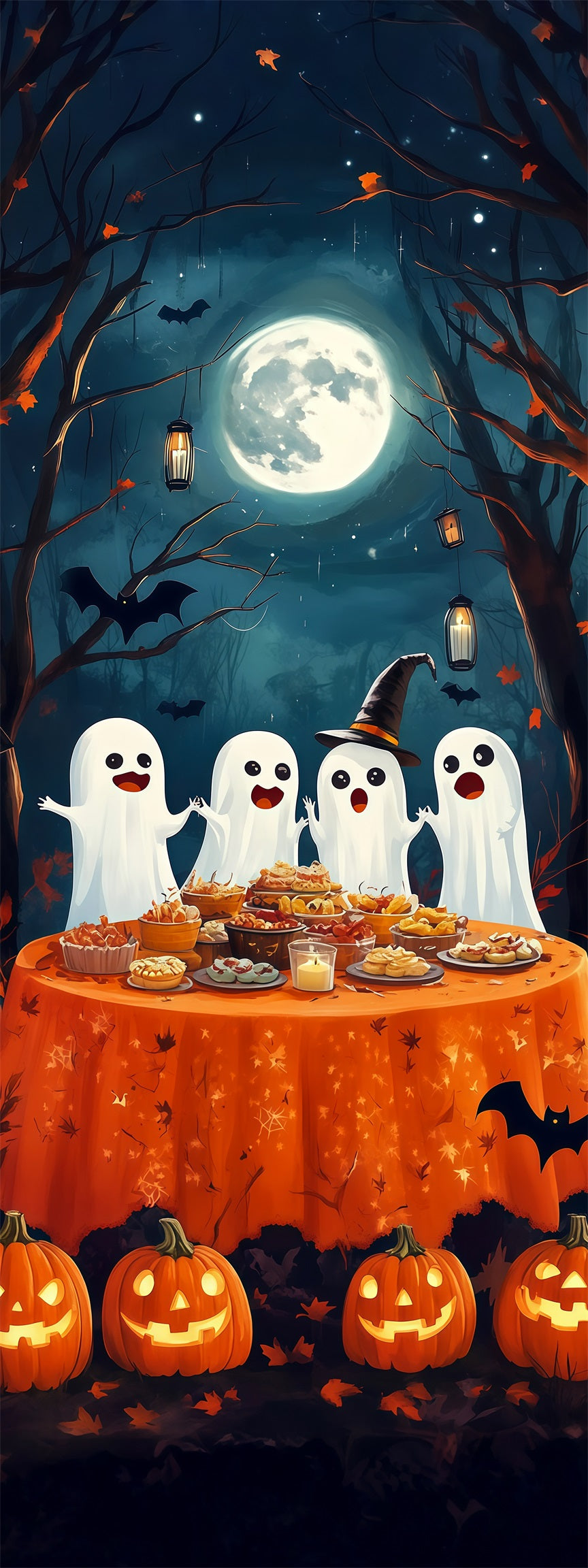 Ghost Gathering Door Moonlit Ghost Feast Party Halloween Door Mural RR67-225