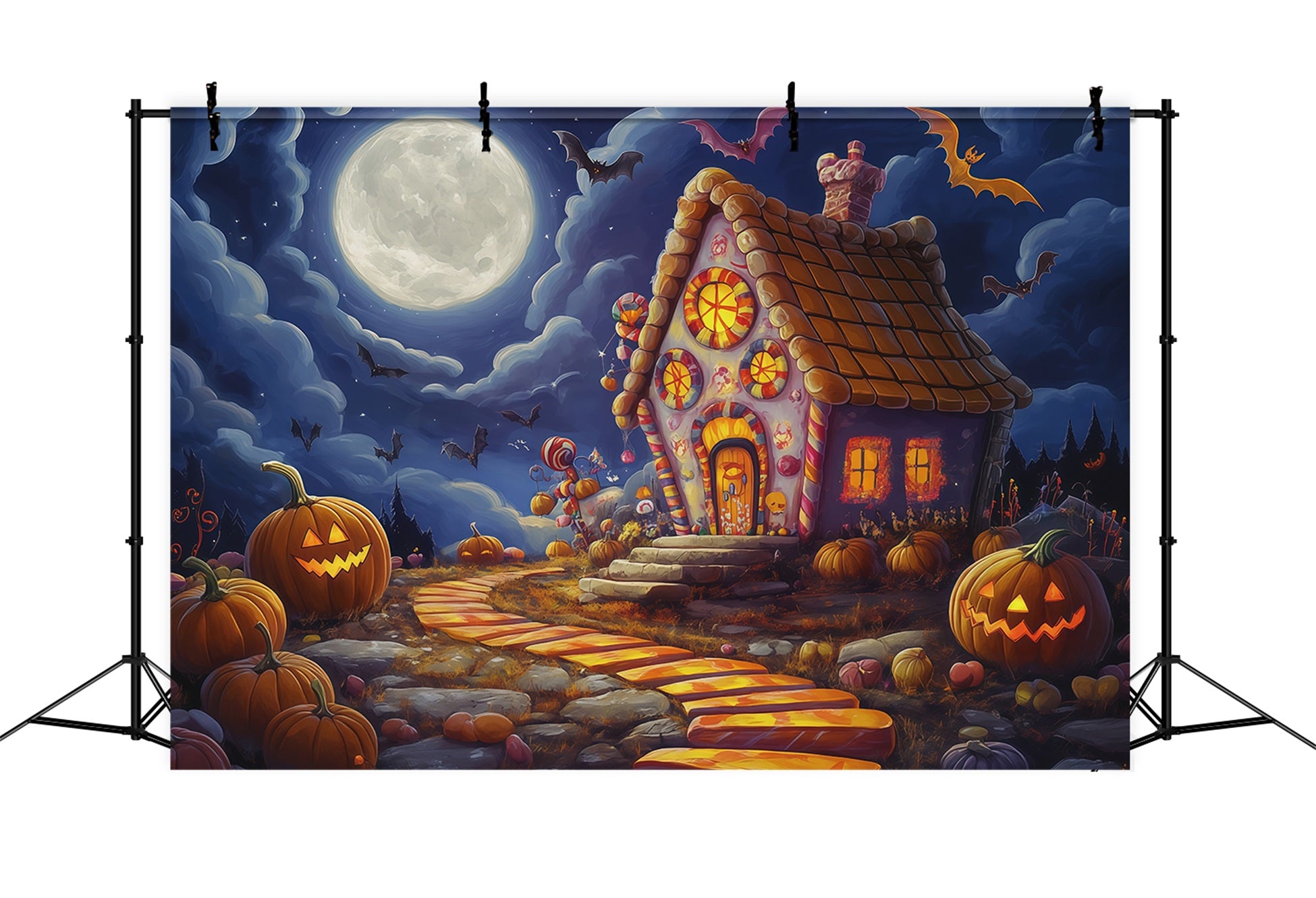 Halloween Backdrop For Photo Booth Moonlit Candy House Pumpkins Cute Halloween Backdrop RR67-23