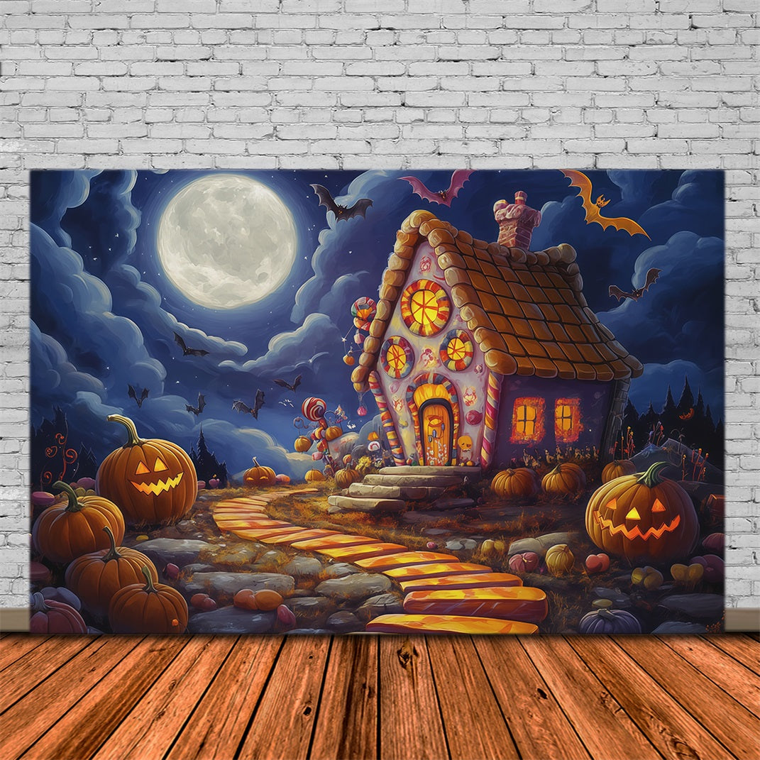 Halloween Backdrop For Photo Booth Moonlit Candy House Pumpkins Cute Halloween Backdrop RR67-23