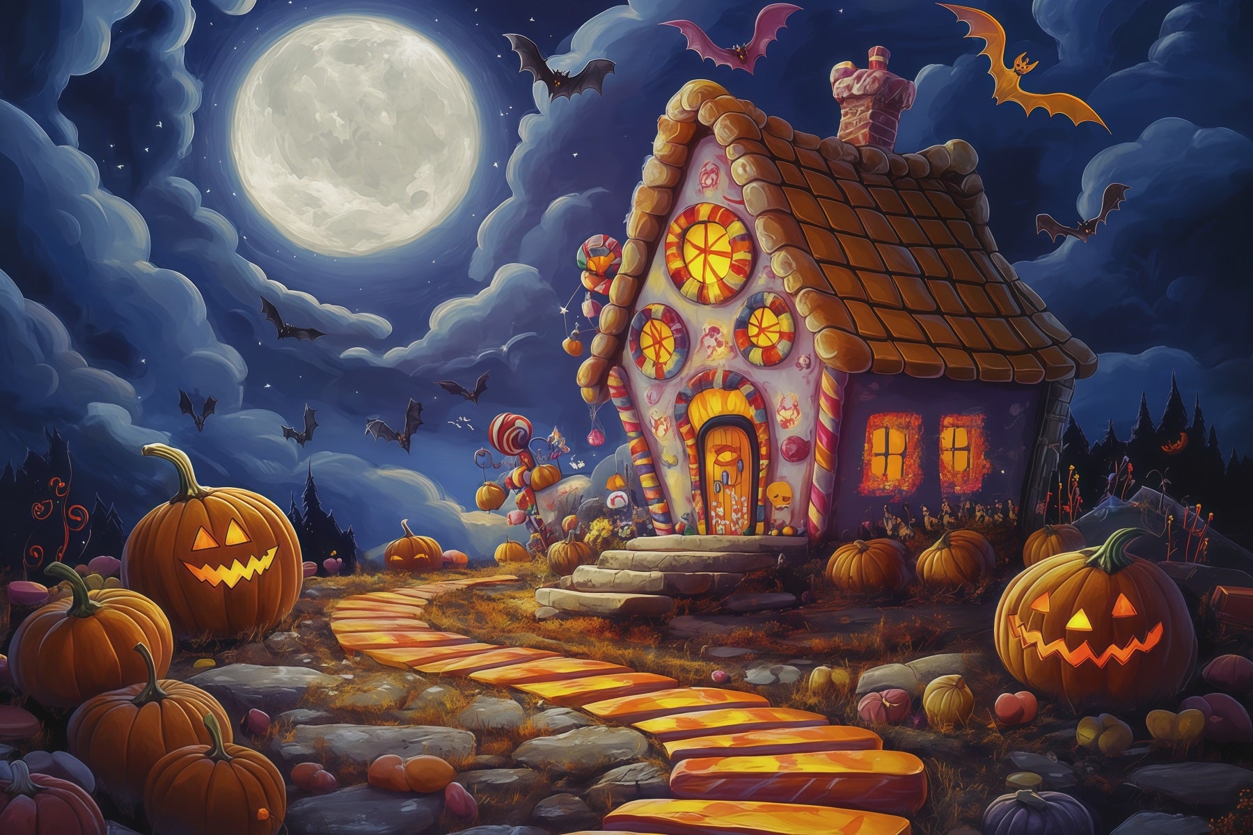 Halloween Backdrop For Photo Booth Moonlit Candy House Pumpkins Cute Halloween Backdrop RR67-23