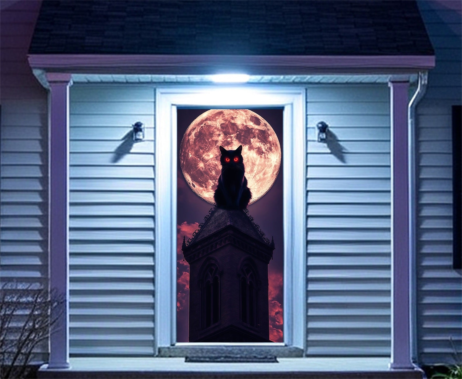 Black Cat Moon Door Moonlit Night Tower Halloween Front Door Cover RR67-230